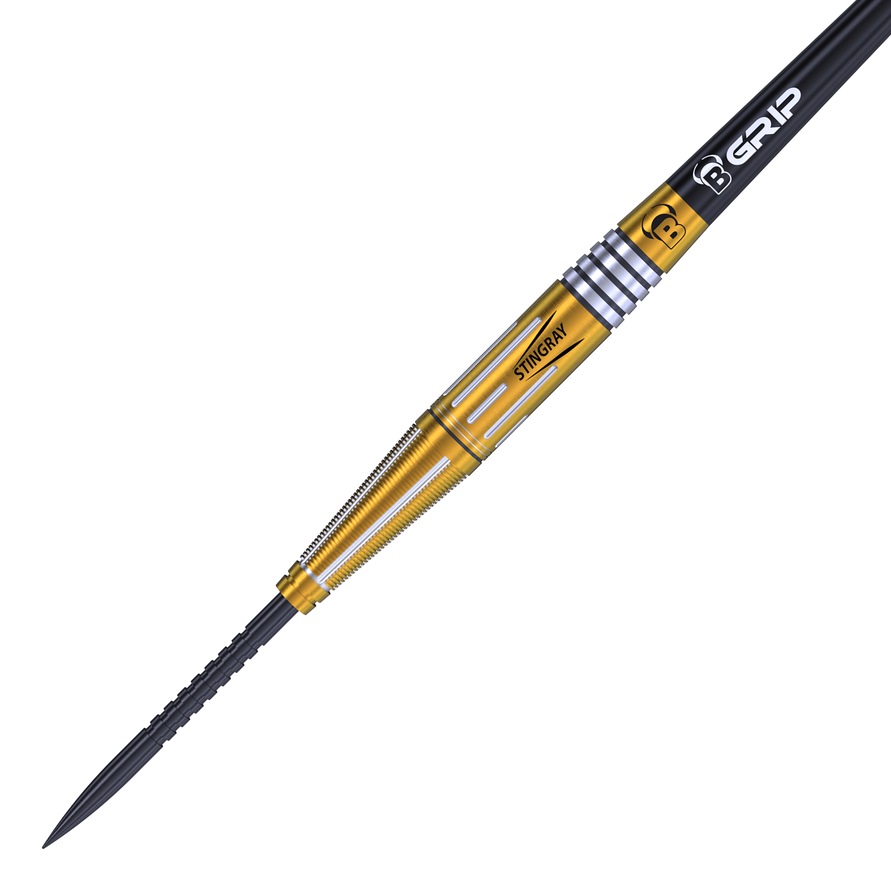 Freccette in acciaio Bulls Stingray ST4 Das Bild zeigt einen Bulls Stingray ST4 Steeldart. Der Dartpfeil hat einen goldfarbenen Schaft mit silbernen Akzenten und einer schwarzen Spitze.