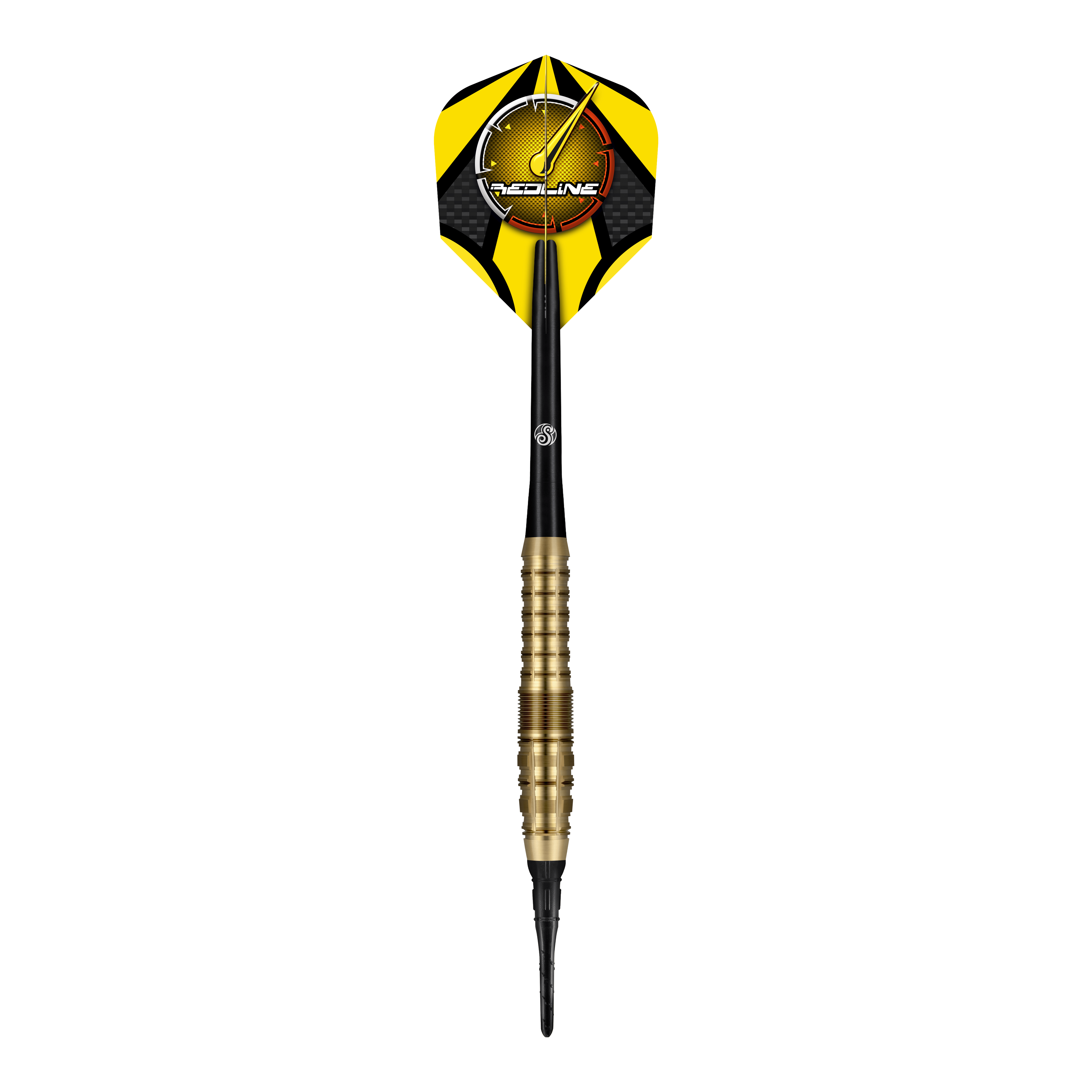 Freccette morbide Shot Redline Gizmo - 20 g Der "Shot Redline Gizmo Softdart - 20g" ist ein Softdartpfeil mit gelben und schwarzen Flights. Der Dart hat einen goldfarbenen Griff und eine schwarze Spitze.
