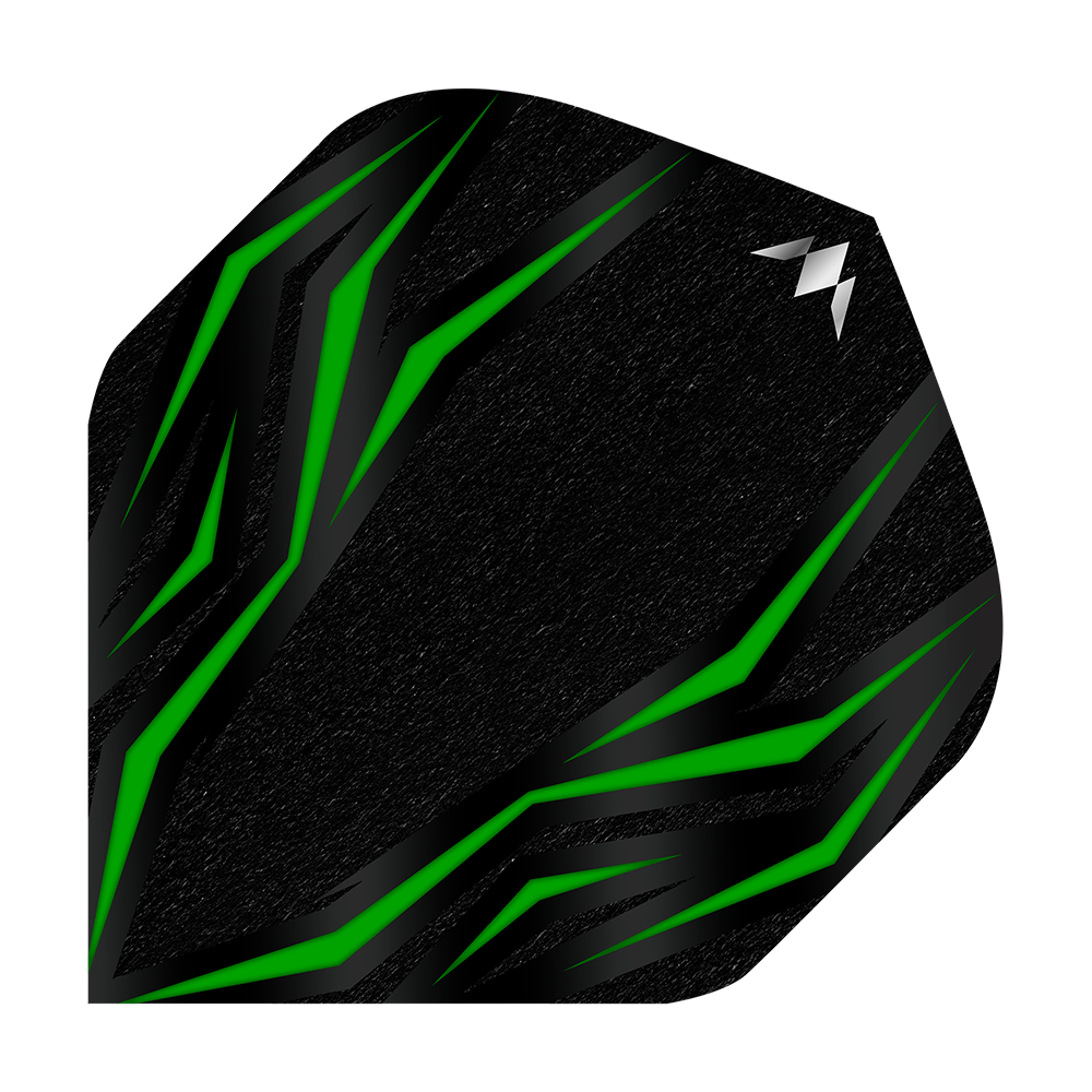 Voli standard Mission Lava Green No2 Das Bild zeigt einen schwarzen Dartflight mit grünen, diagonalen Linien. In der oberen rechten Ecke befindet sich ein kleines, silbernes Logo.