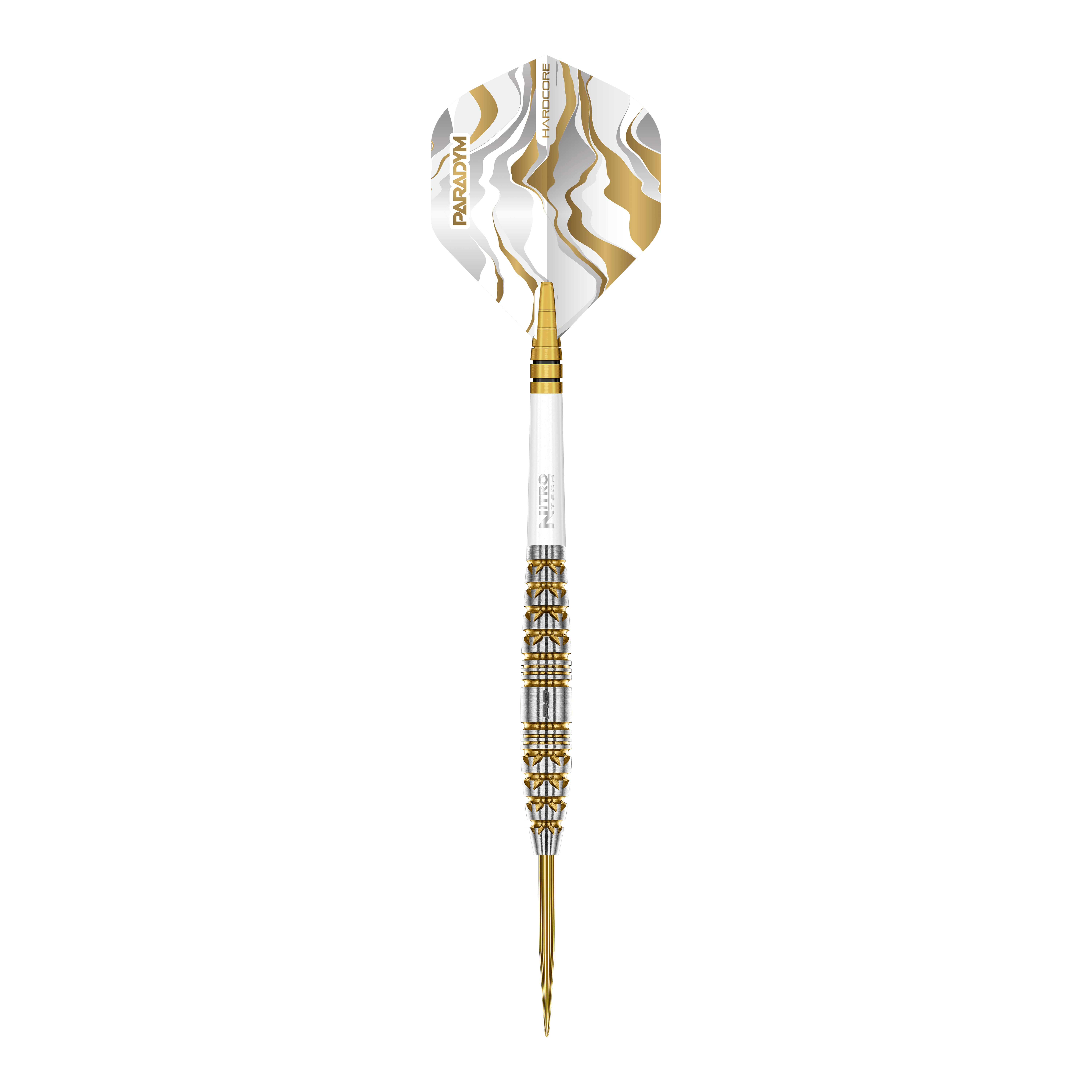 Das Bild zeigt die Red Dragon Paradym Gold Torpedo Steeldarts. Diese Steeldarts haben eine torpedoförmige Spitze und eine goldene Farbe.