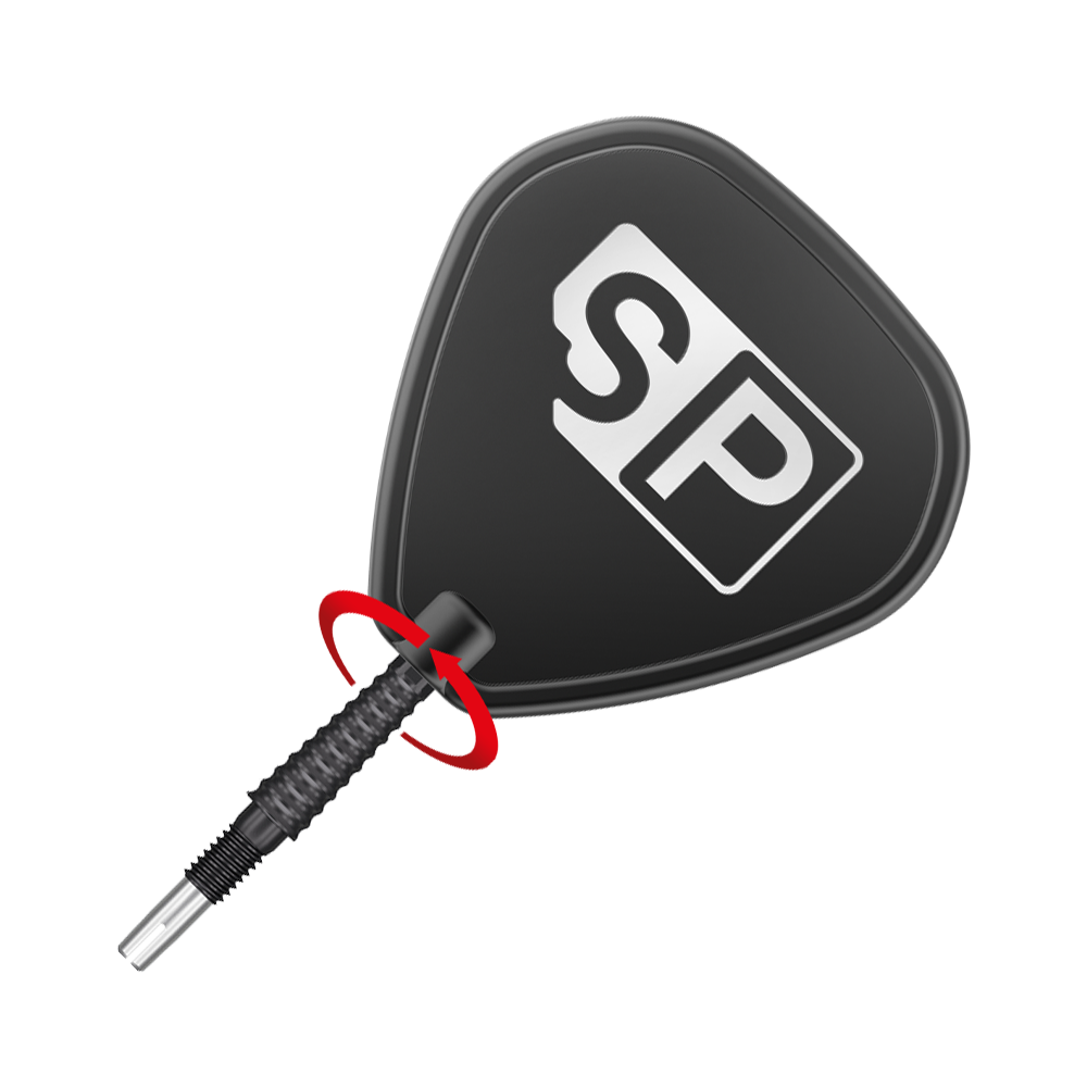 Punte per freccette Target Swiss Storm LNC - Nere Das Bild zeigt eine schwarze Dartspitze mit dem weißen „SP“-Logo darauf. Die Spitze ist schräg platziert und durch einen roten Pfeil hervorgehoben.