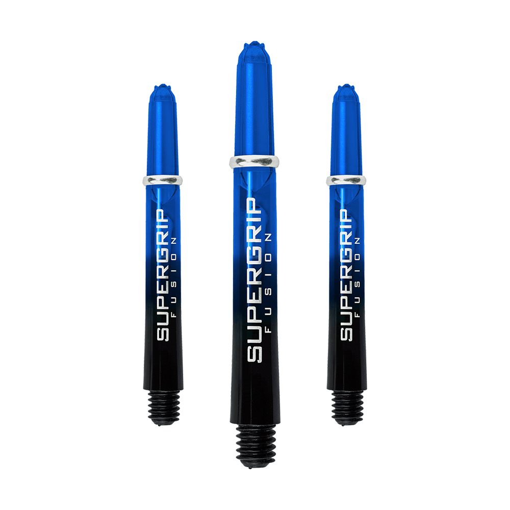 HR337_Harrows_Supergrip_Fusion_Shafts_Blau_40mm_1sE1lQmQRAdrL1 Das Bild zeigt drei blaue Harrows Supergrip Fusion Shafts. Die Shafts sind aus Kunststoff und haben einen glänzenden Schriftzug auf der Seite.