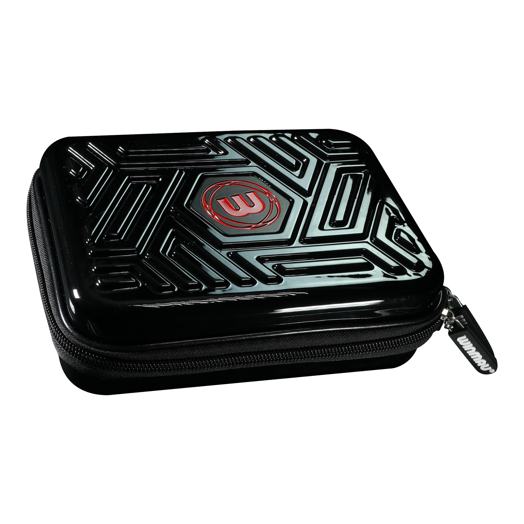 Portafoglio per freccette Winmau Armor G2 Das Bild zeigt ein schwarzes Dart-Etui mit einem geometrischen Muster auf dem Deckel. In der Mitte befindet sich ein rotes Logo und der Reißverschluss trägt den Schriftzug "Winmau".