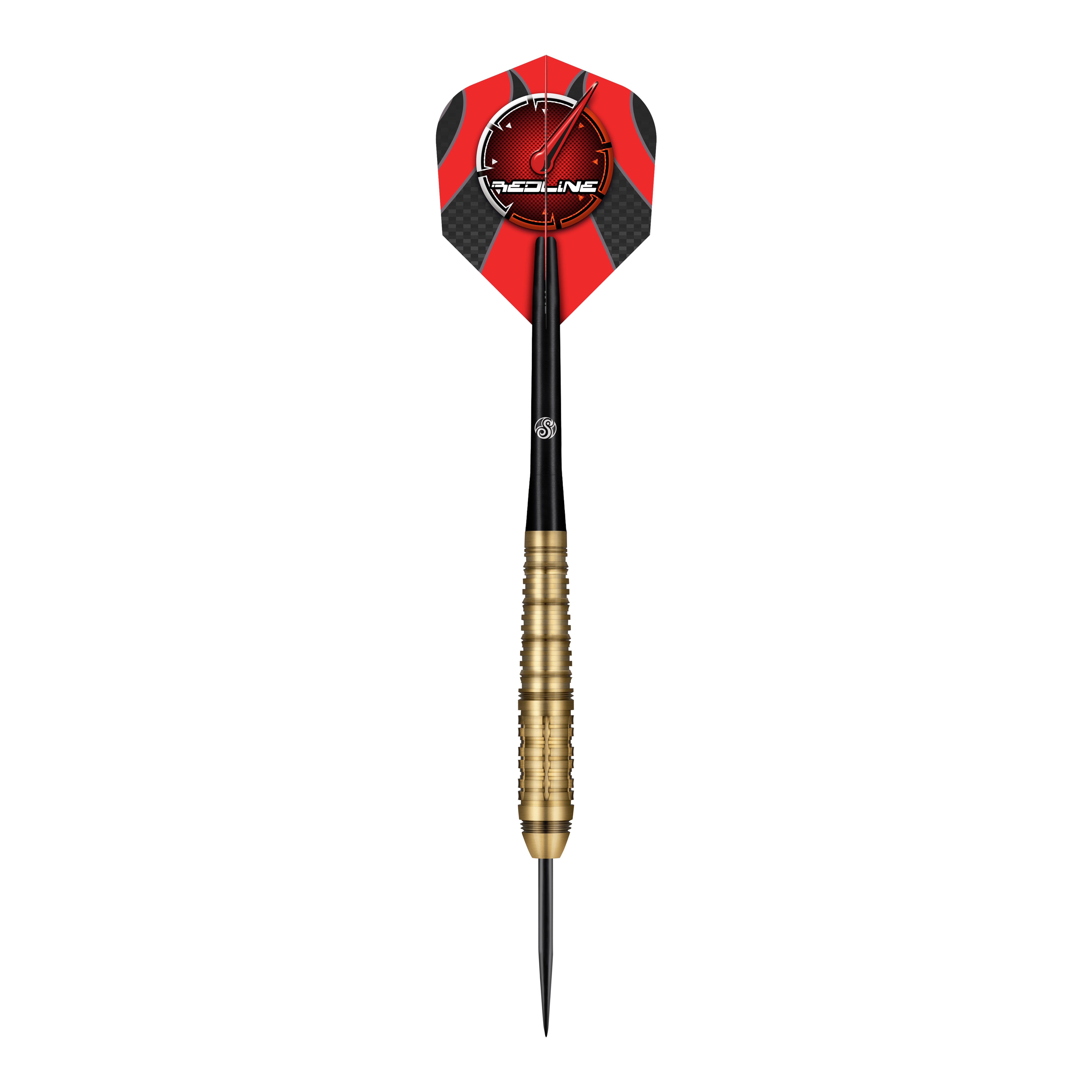 Freccette in acciaio Shot Redline Mach 1 Das Bild zeigt einen Steeldartpfeil mit goldfarbenem Griff und schwarzer Spitze. Die Dartflügel sind rot-schwarz gestaltet und tragen das "Redline"-Logo.