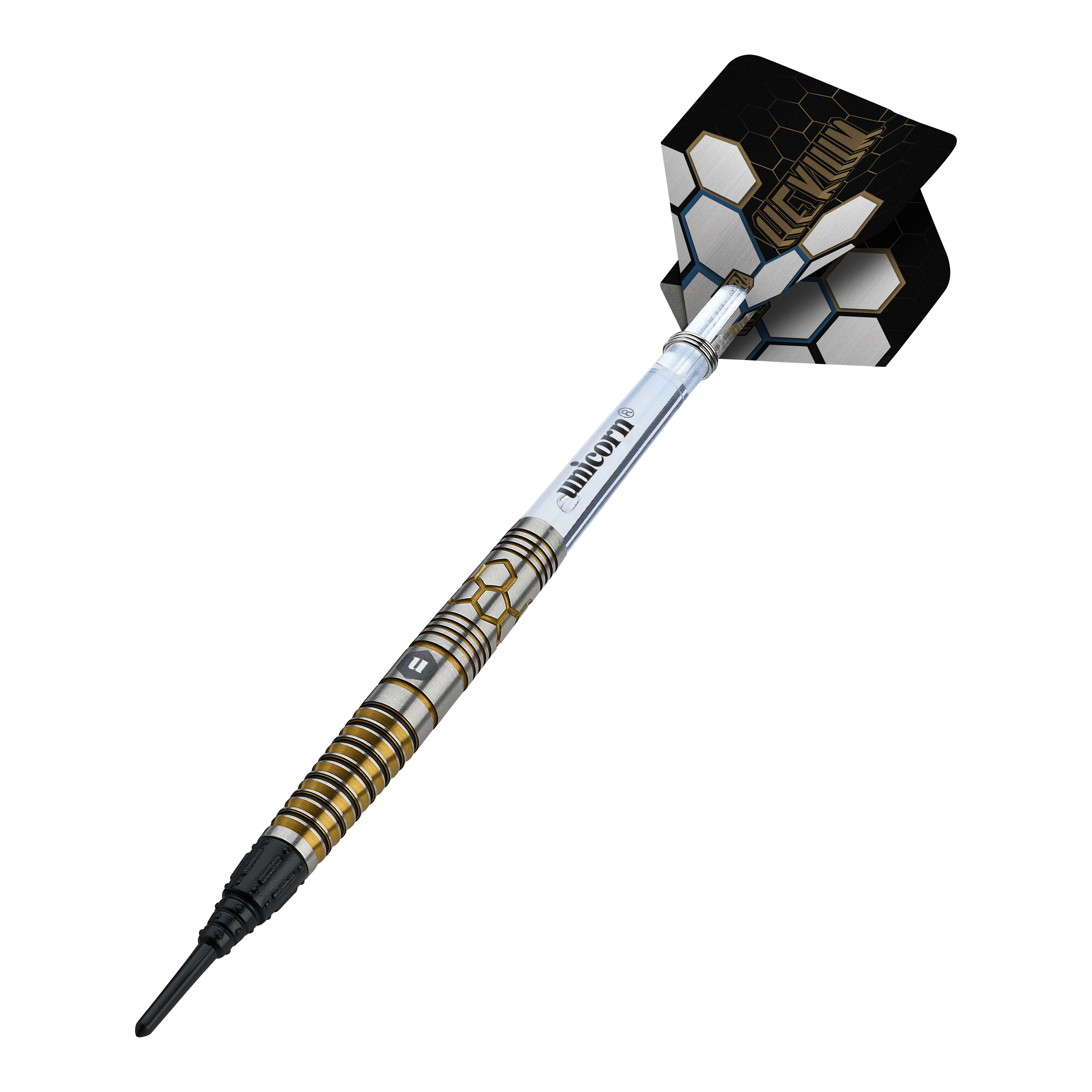 Freccette morbide Unicorn Hexium Style 03 Oro e Nero - 23 g Auf diesem Bild sind Unicorn Hexium Style 03 Gold & Black Softdarts, 23g, dargestellt. Die Pfeile kombinieren goldene und schwarze Elemente im Design.