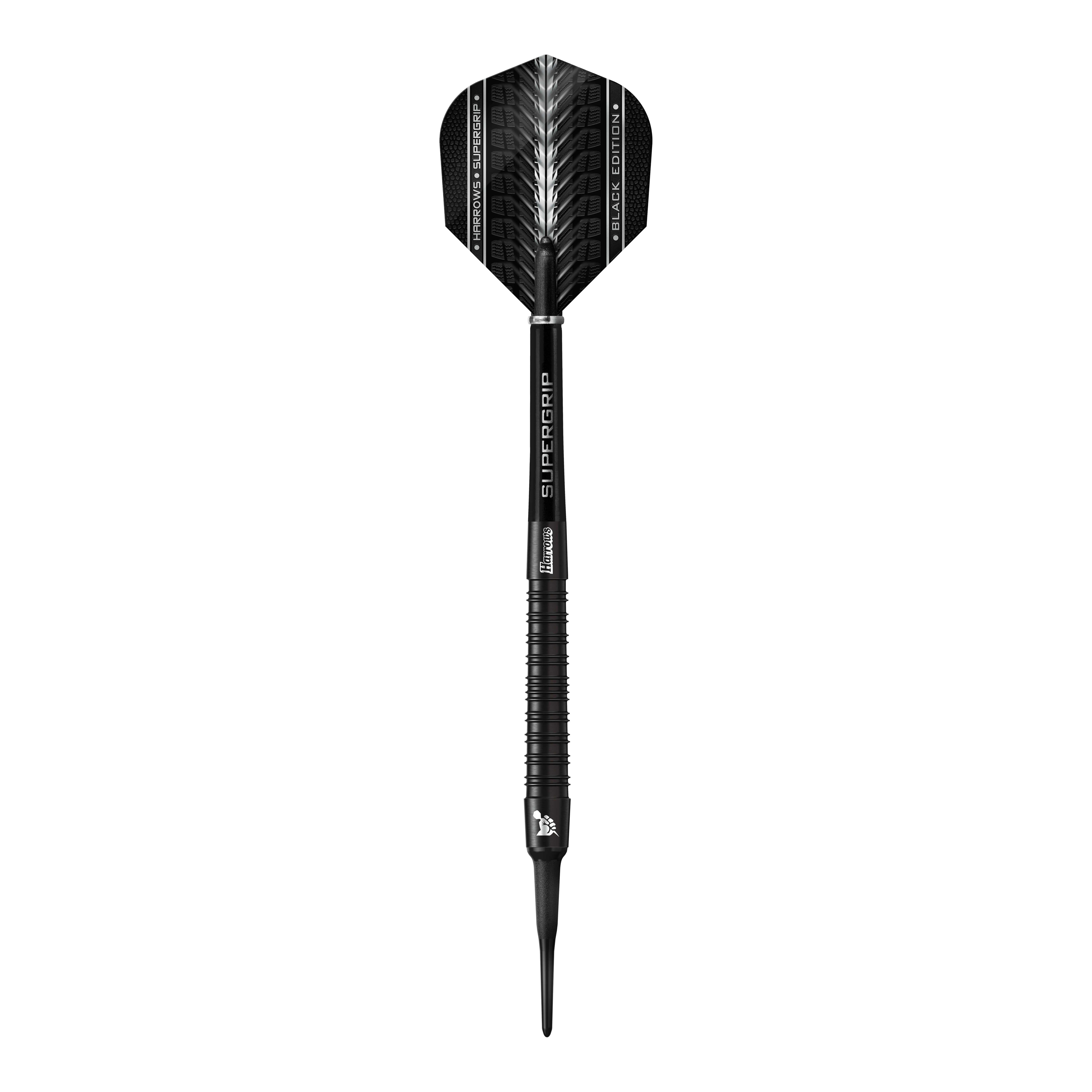 Freccette morbide Harrows Supergrip Black Edition Das Bild zeigt einen Harrows Supergrip Black-Edition Softdart. Der Dart ist komplett in Schwarz gehalten und hat ein modernes, elegantes Design.