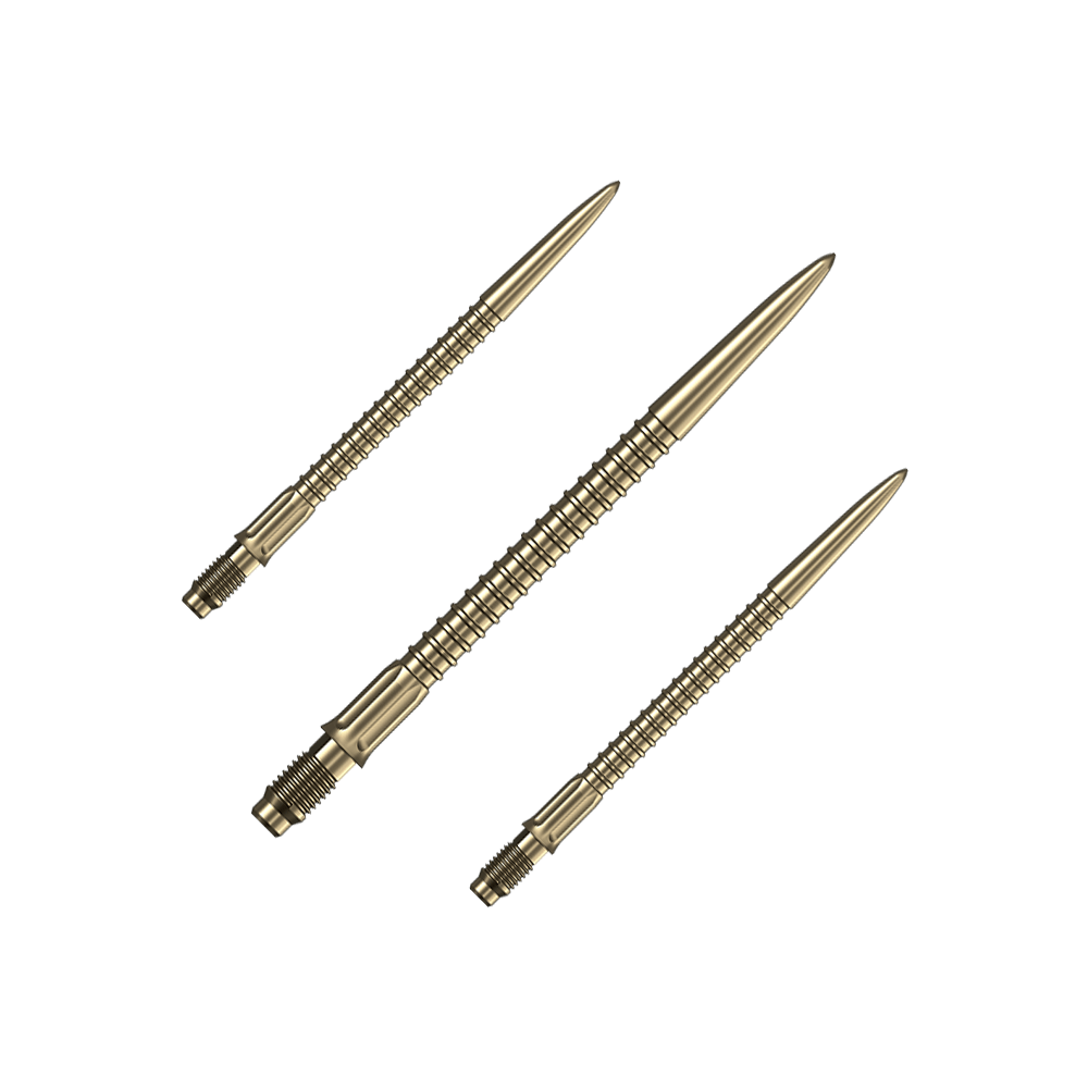 Punte per freccette Mission R2.5 Rapid Point GV1 - Oro Das Bild zeigt Dartspitzen in goldener Farbe der Marke Mission R25 Rapid Point. Die Spitzen sind 35mm lang und werden als Set angeboten.