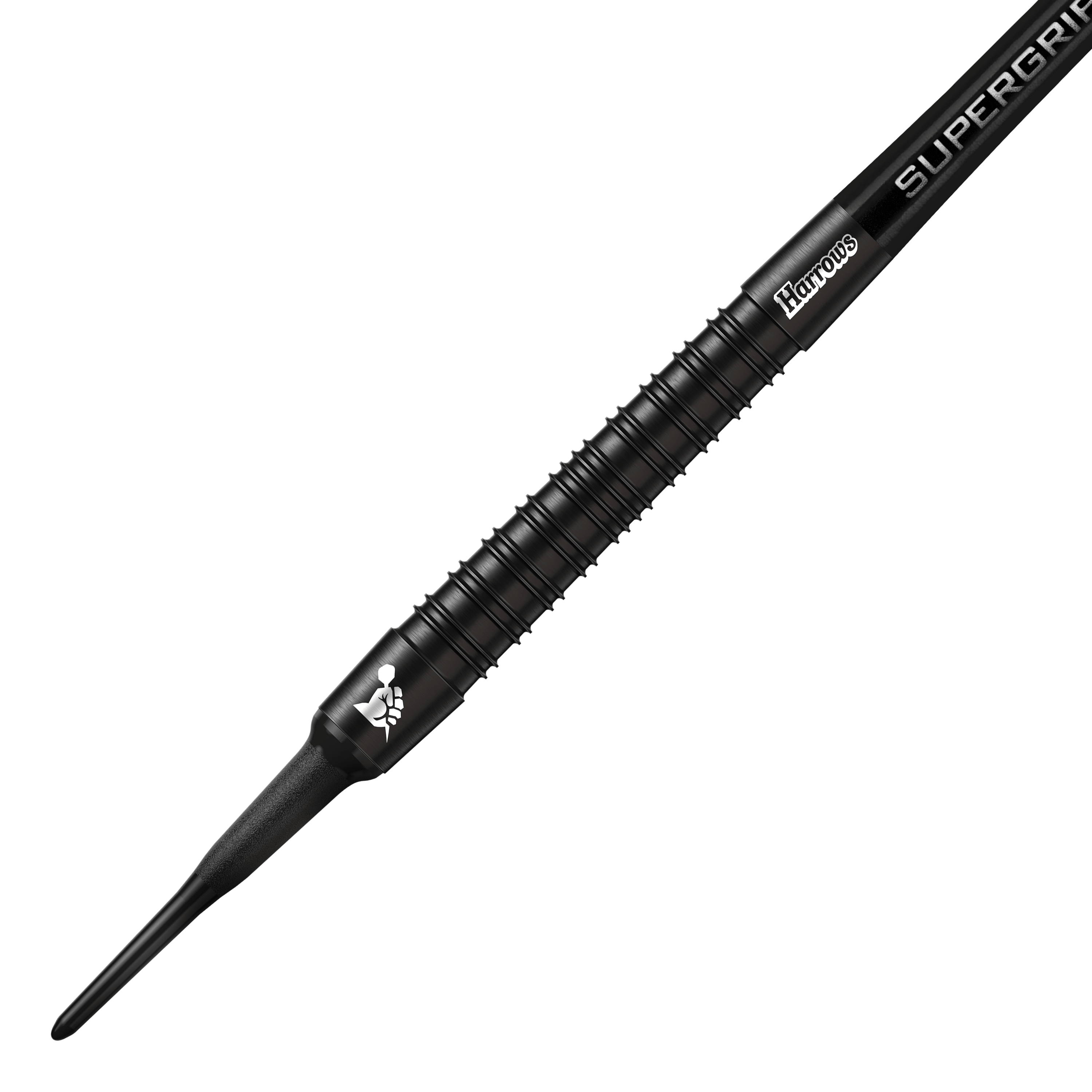 Freccette morbide Harrows Supergrip Black Edition Das Bild zeigt einen Harrows Supergrip Black-Edition Softdart. Der Dart ist komplett schwarz und hat eine strukturierte Griffoberfläche.