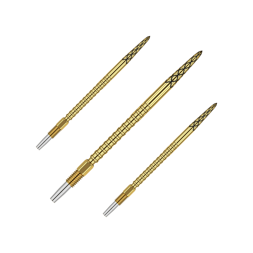 Punte per freccette Target Swiss DS Surge Point - Oro Das Bild zeigt drei goldene Dartspitzen mit feinen Rillen und schwarzen Mustern. Sie sind schlank und haben silberne Spitzen am Ende.