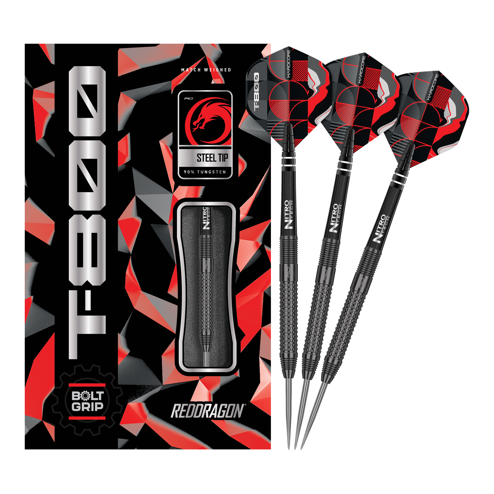 Dardi d'acciaio Red Dragon T-800 Das Bild zeigt die Red Dragon T-800 Steeldarts und ihre Verpackung. Die Darts haben ein schwarzes Design mit roten und silbernen Akzenten.