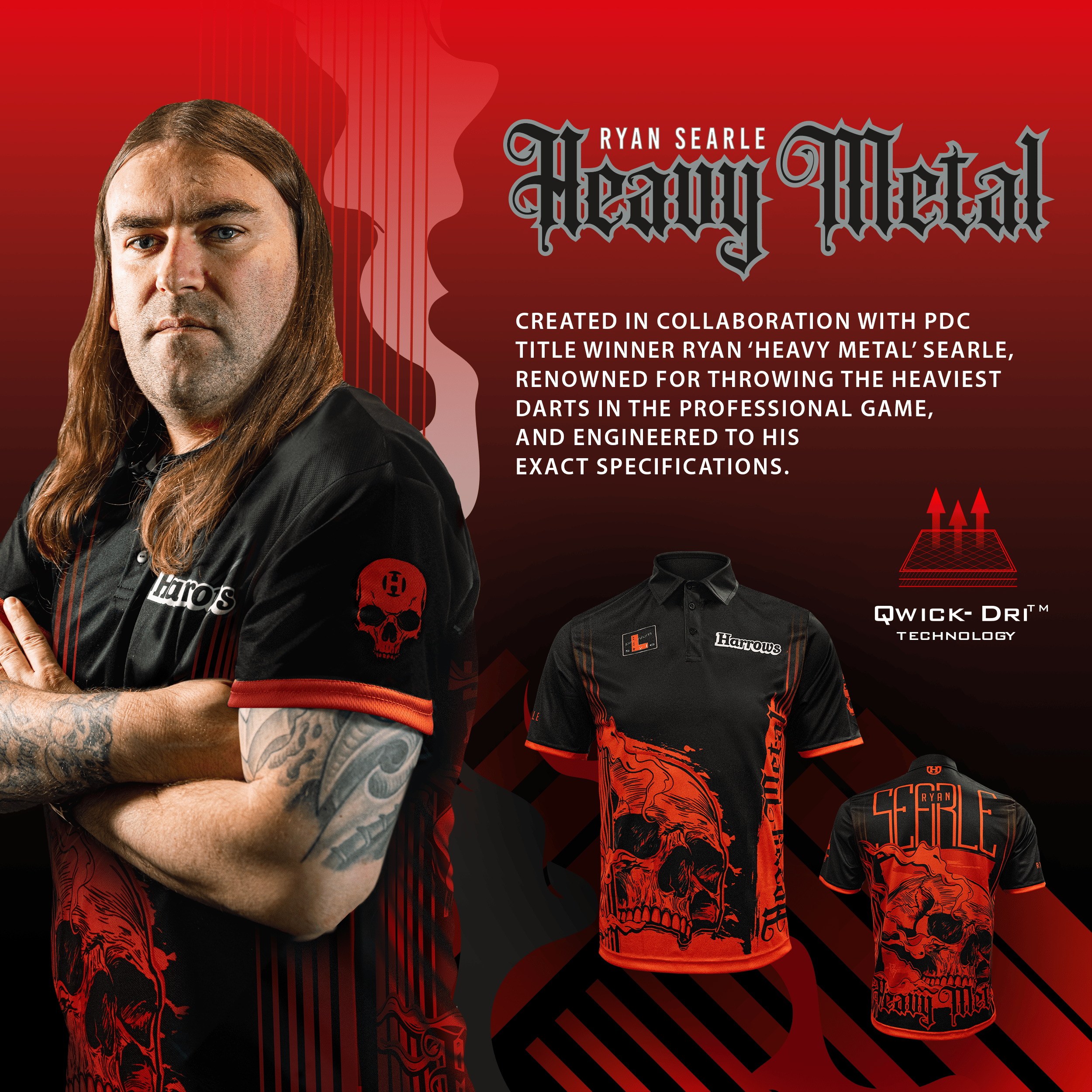 Maglietta di Ryan Searle, giocatore Heavy Metal di Harrow Das Bild zeigt das Harrows Ryan Searle Heavy Metal Playershirt. Dieses Dartshirt ist bei Spielern sehr beliebt.