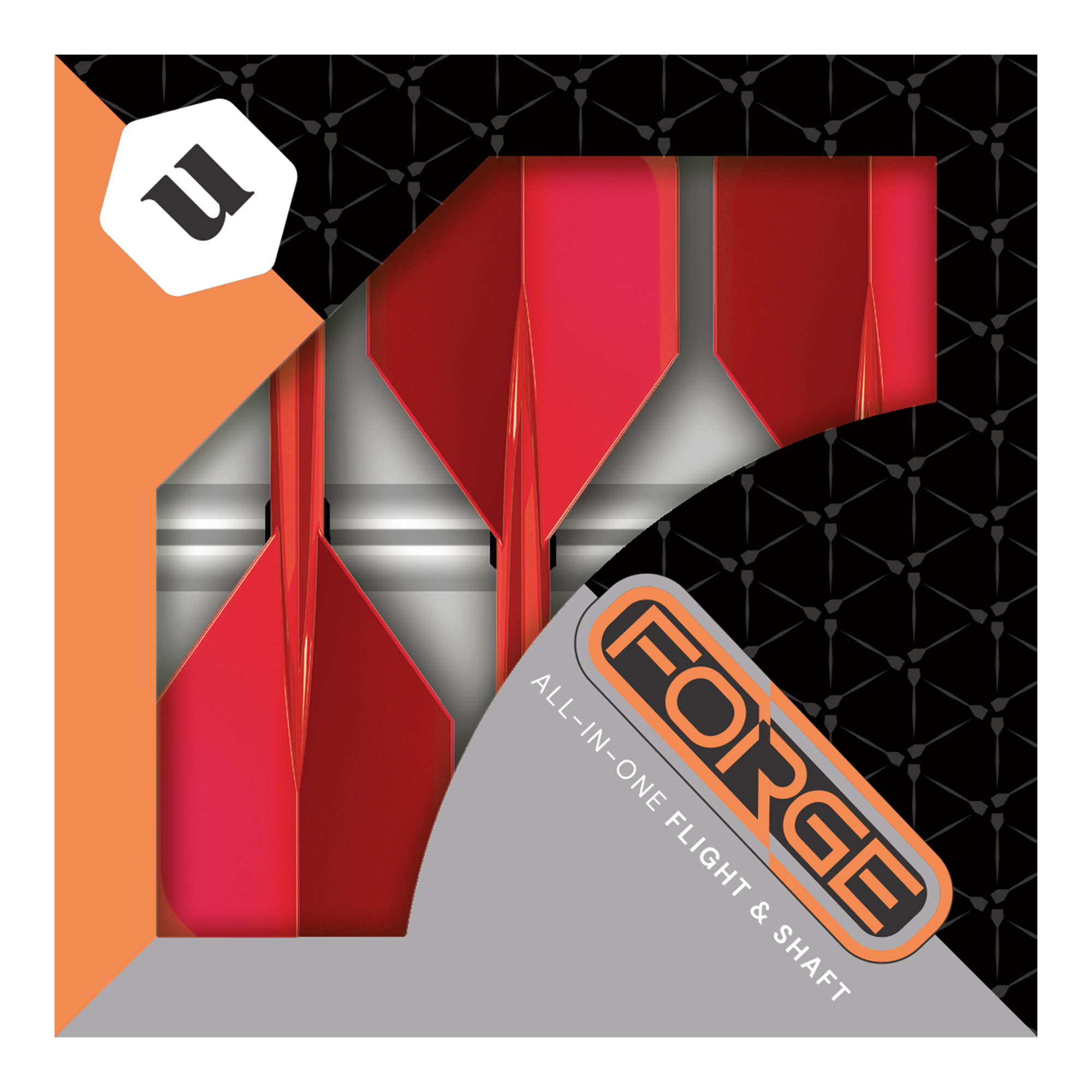 Unicorn Forge All In One Plus No2 Standard Flights Rosso - Medio Das Bild zeigt eine Packung mit roten Unicorn Forge All In One Plus No2 Standard Flights in mittlerer Größe. Die Verpackung ist schwarz und orange mit dem Schriftzug "FORGE" und "ALL-IN-ONE FLIGHT & SHAFT".