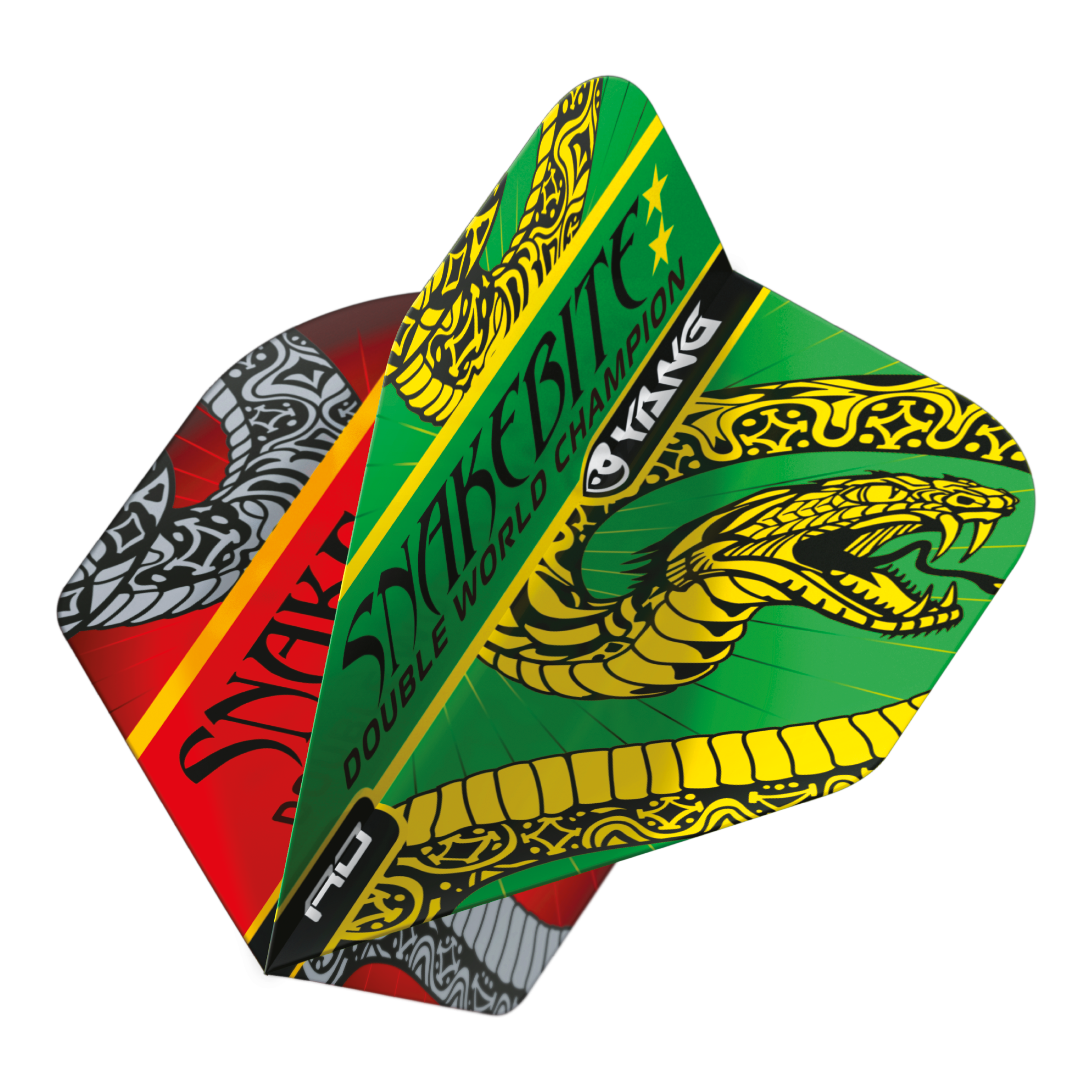 Voli standard Red Dragon Peter Wright Snakebite Red Green Yin Yang Das Bild zeigt die Dart-Flights "Red Dragon Peter Wright Snakebite Red Green Yin Yang Standard Flights." Die Flights sind farbenfroh gestaltet und zeigen einen auffälligen Schlangen-Grafik sowie den Schriftzug "Snakebite."
