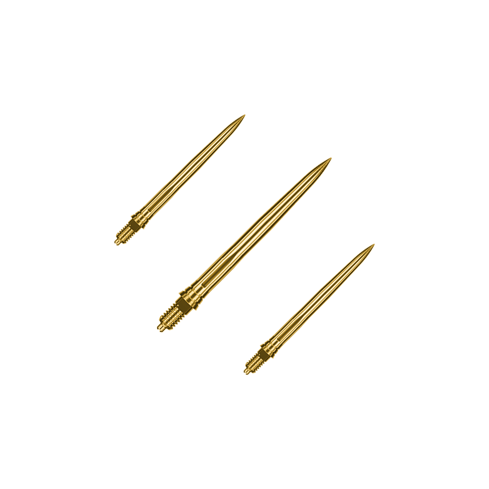 Punte per freccette Caliburn EZ-EVO - Lisce - Oro Dieses Bild zeigt ein Set goldener Dartspitzen mit glatter Oberfläche, vermutlich 28mm lang. Die Spitzen sind von der Marke Caliburn EZ-EVO.