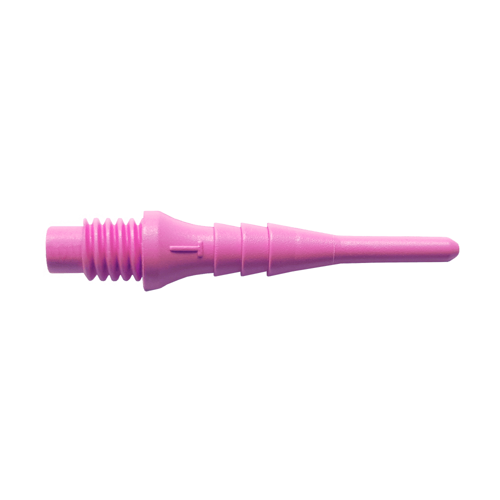 Bulls_Tefo-X_Softdartspitzen_Rosa_1 Das Bild zeigt eine einzelne pinke Kunststoff-Dartspitze aus dem Set "Bulls Tefo-X Shark Points (100er Pack)". Die Spitze hat ein Schraubgewinde auf der einen Seite und läuft spitz zu.
