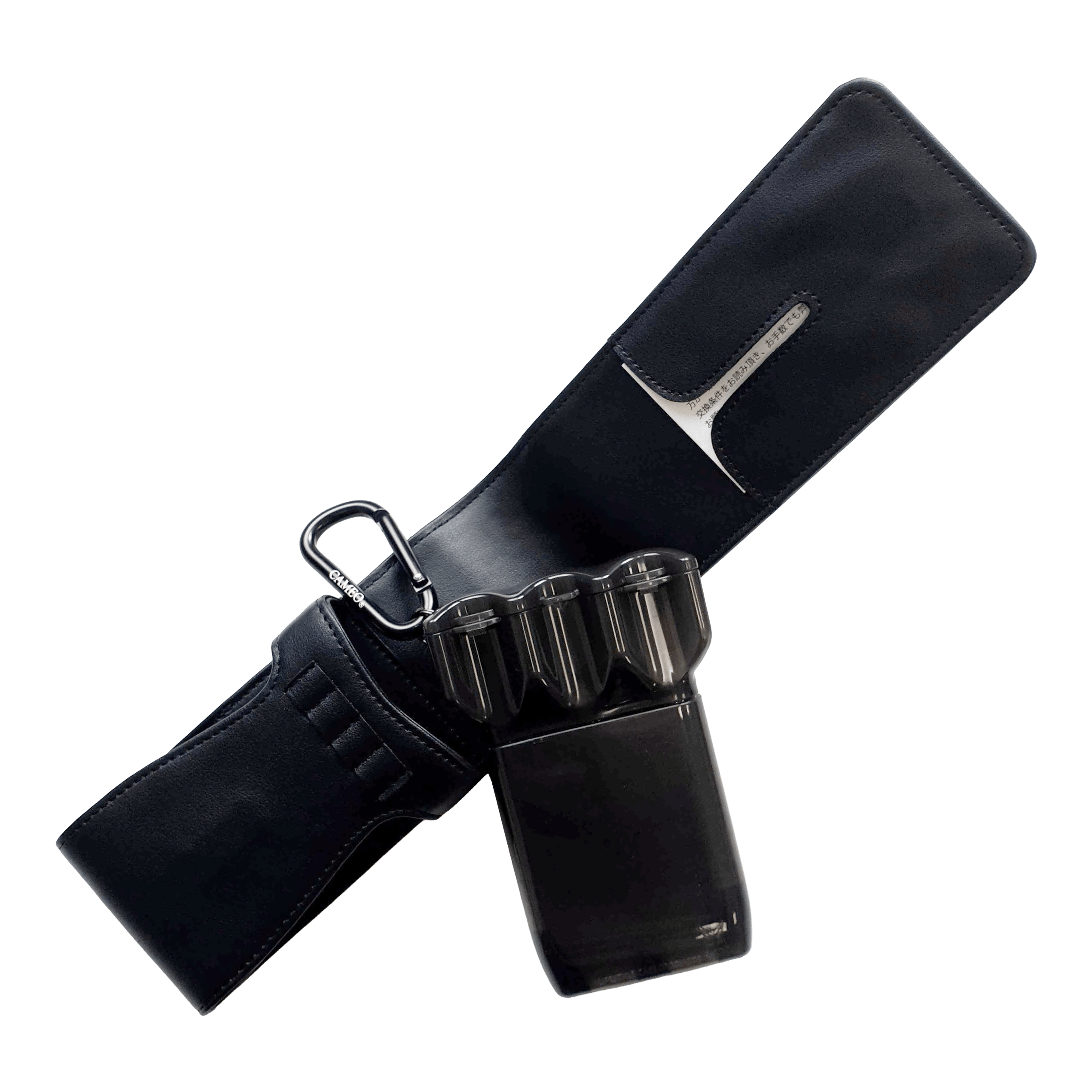 Custodia per freccette Cameo Thread Das Bild zeigt ein schwarzes Dart-Etui mit einem Kunststoff-Behälter und Karabiner. Das Etui ist offen dargestellt, sodass das Innere sichtbar ist.