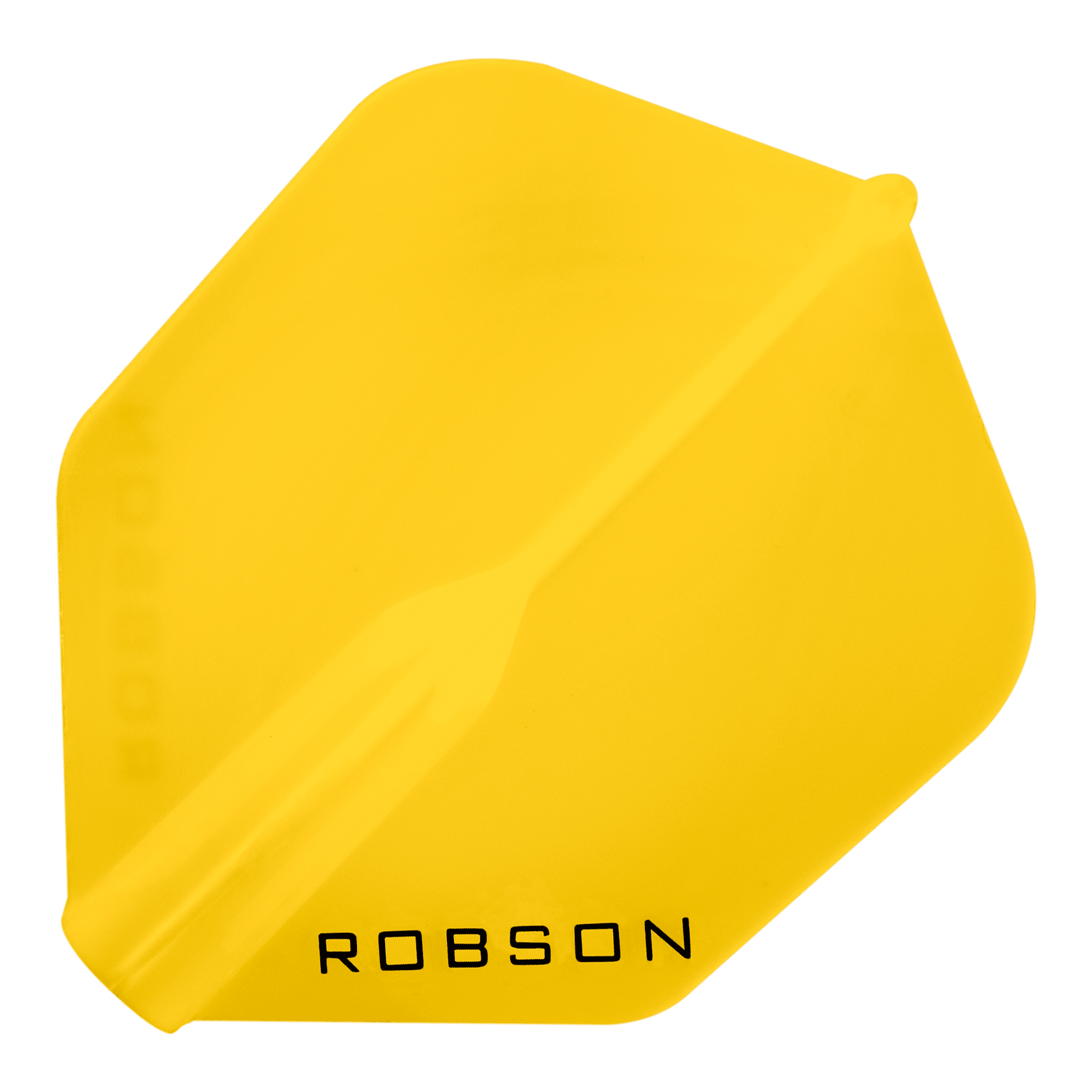 Das Bild zeigt ein gelbes Dartflight mit der Aufschrift "ROBSON". Das Flight hat eine klassische, leicht abgerundete Form.