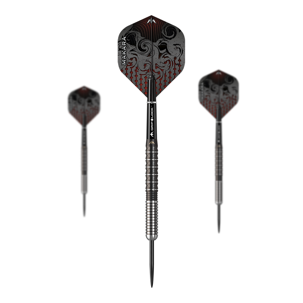 Missione Makara M1 Steeldarts Das Bild zeigt drei Steeldarts des Produkts "Mission Makara M1". Die Dartpfeile haben ein silber-schwarzes Design mit auffälligen, gemusterten Flights.