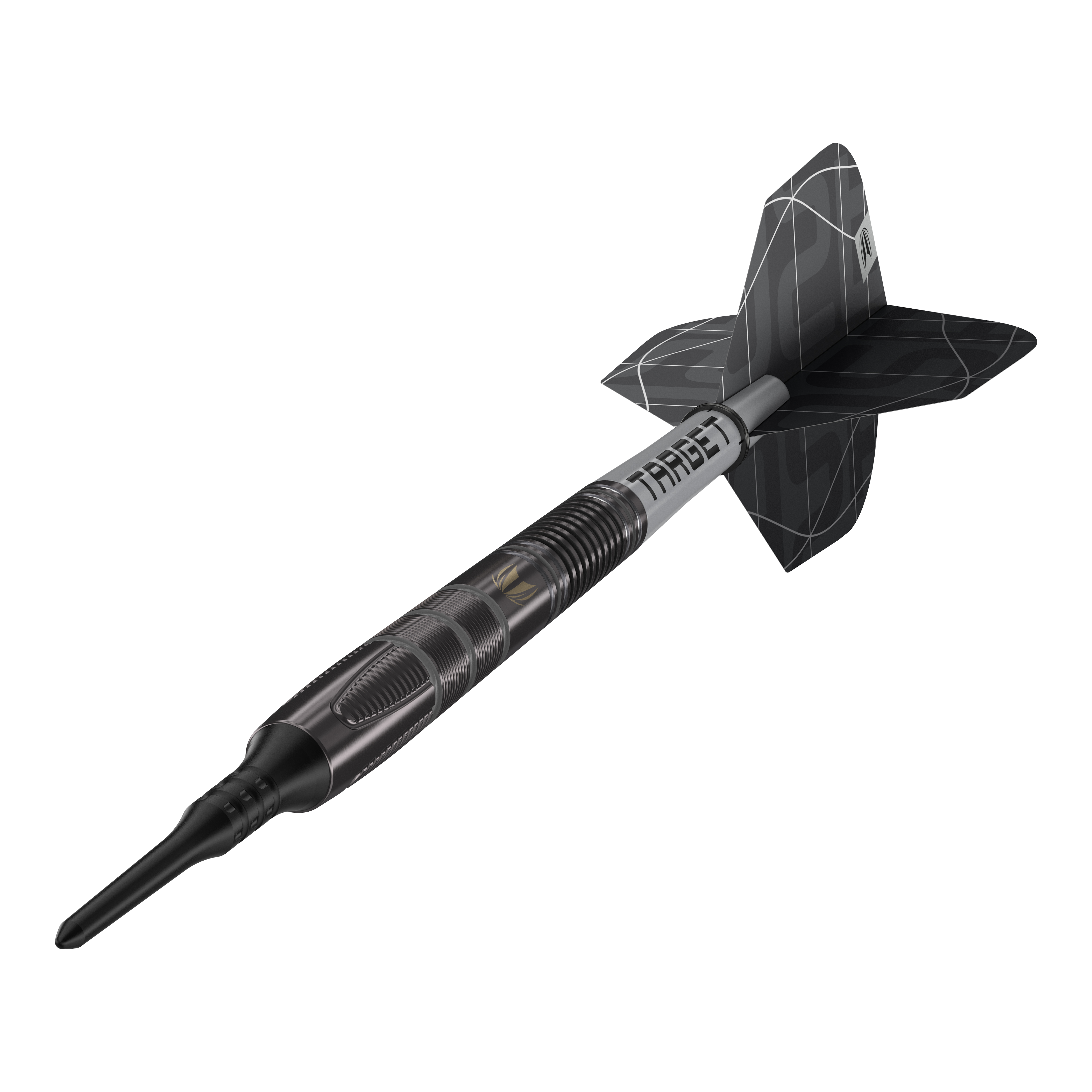 Freccette morbide Target Nathan Aspinall X Echo - 18 g Das Bild zeigt den Softdart „Target Nathan Aspinall X Echo“ mit einem Gewicht von 18 Gramm. Der Dartpfeil ist schwarz und hat ein modernes, geriffeltes Design mit der Aufschrift "TARGET" auf dem Schaft.