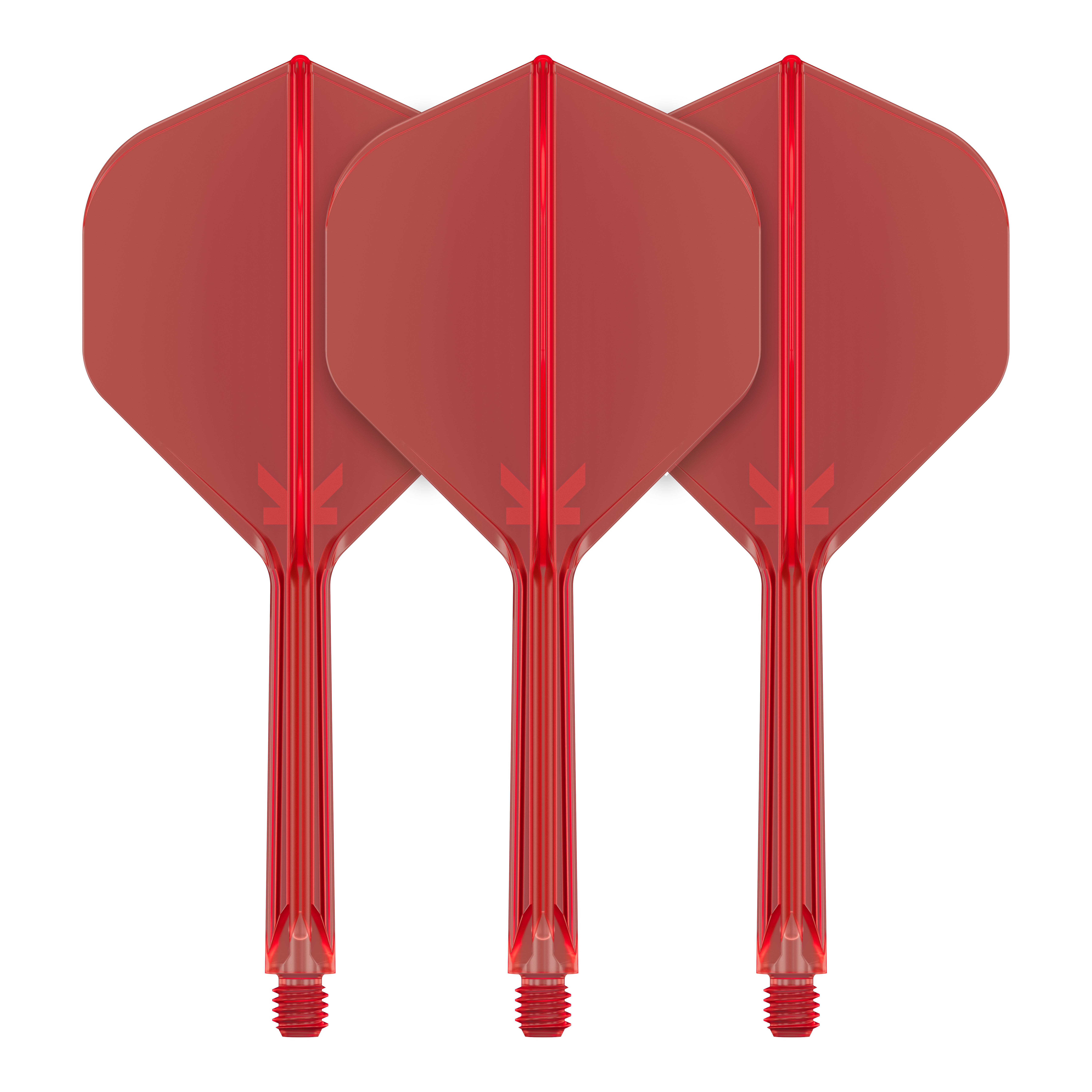 Target K-Flex No2 Standard Flight System - Rosso Auf dem Bild sind drei rote Dartflights mit Schäften zu sehen. Sie sind nebeneinander ausgerichtet und haben eine standardmäßige Pfeilform.