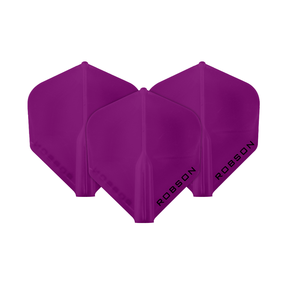 Voli Robson Plus - Standard Das Bild zeigt drei violette Dartflights der Marke Robson. Auf jedem Flight steht das Wort "ROBSON" in schwarzer Schrift.