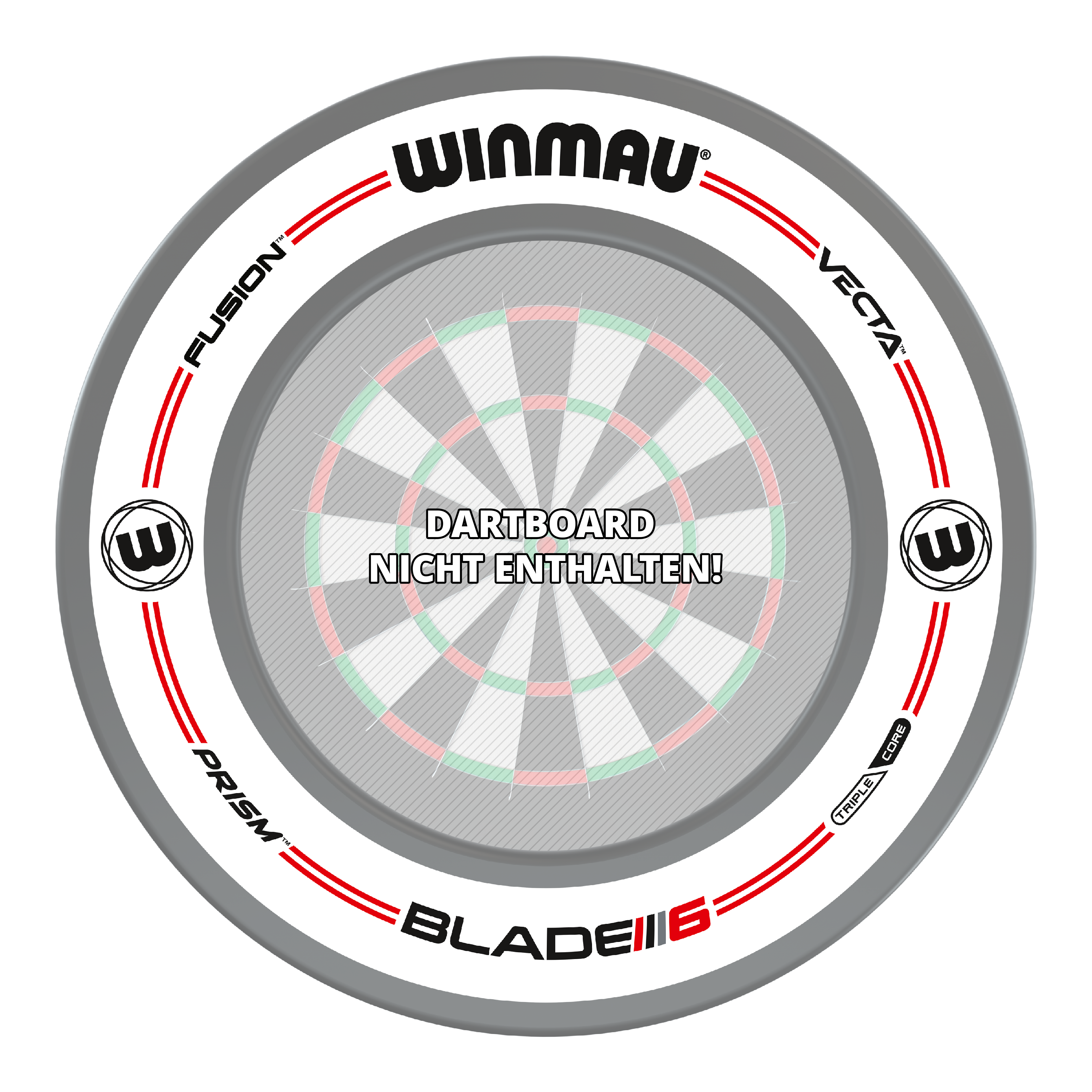 Cornice per bersaglio per freccette bianca originale Winmau Pro-Line Das Bild zeigt das Winmau Pro-Line Original White Dartboard Surround. In der Mitte steht der Hinweis: "Dartboard nicht enthalten!"