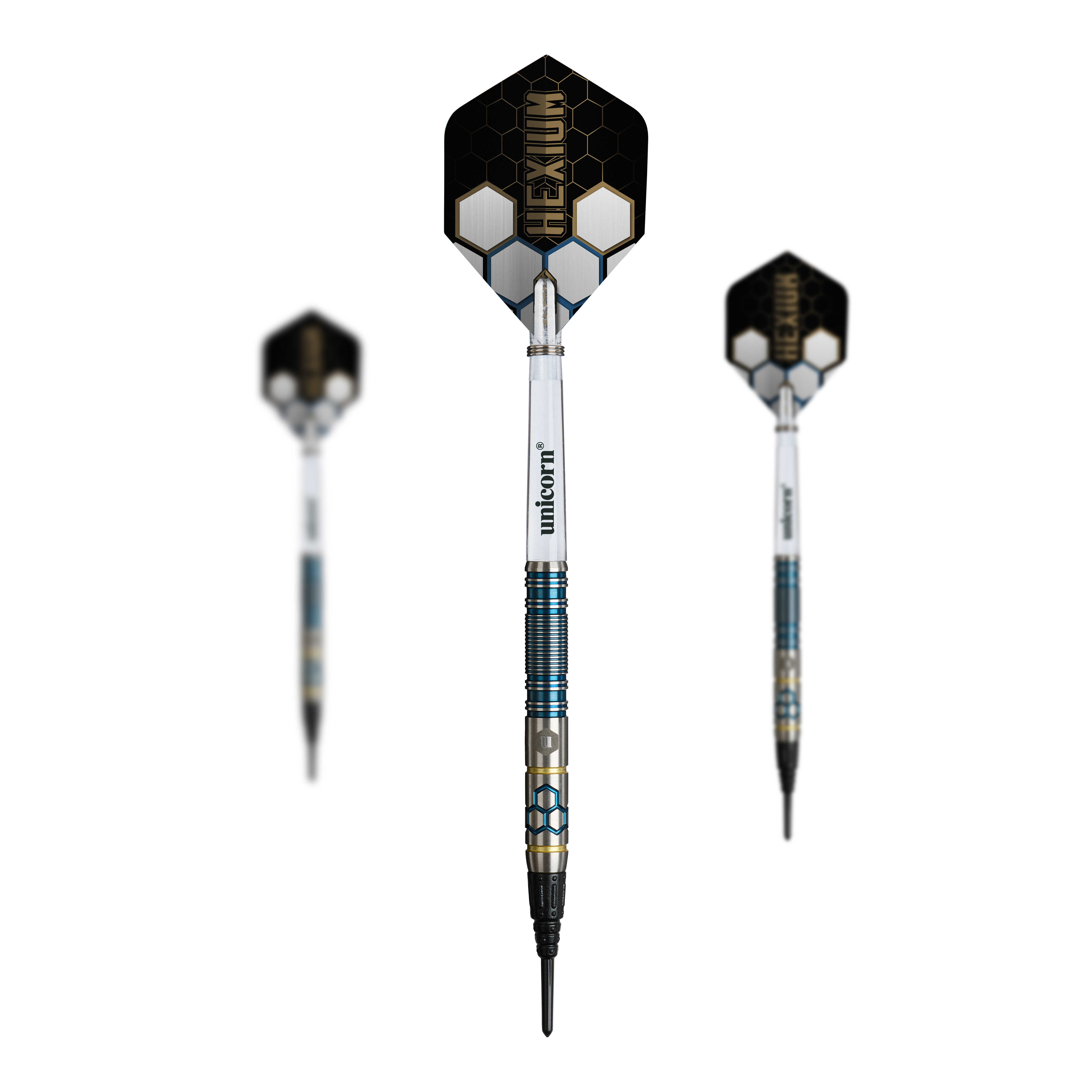 Freccette morbide Unicorn Hexium Style 02 Blu e Oro - 21 g Das Bild zeigt die Unicorn Hexium Style 02 Blue & Gold Softdarts - 21g als Set. Die Softdarts wirken hochwertig und zweifarbig.