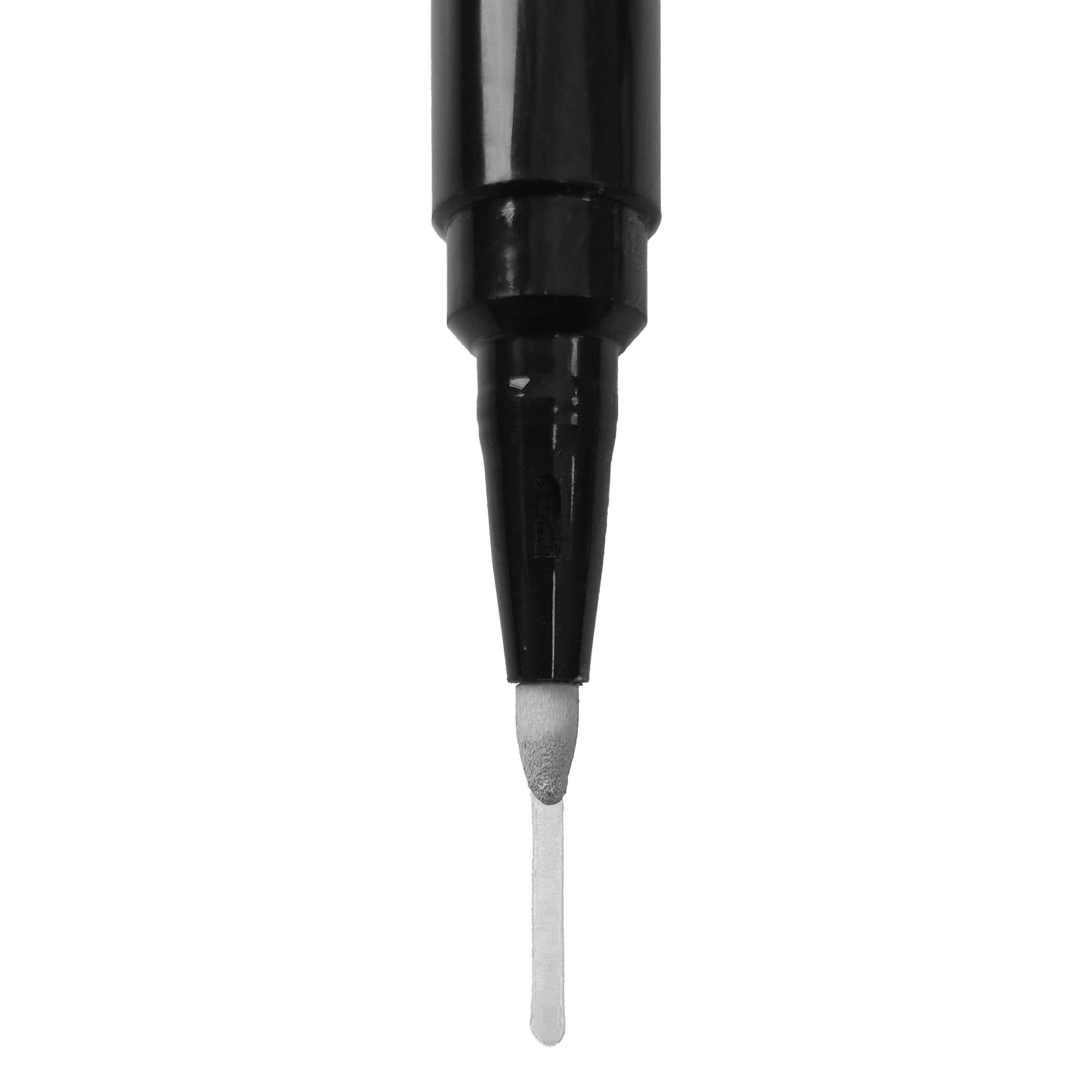 Segnaposto Dies ist die Spitze eines schwarzen Whiteboard-Markers. Die Spitze ist rund und gibt eine gleichmäßige, weiße Linie ab.