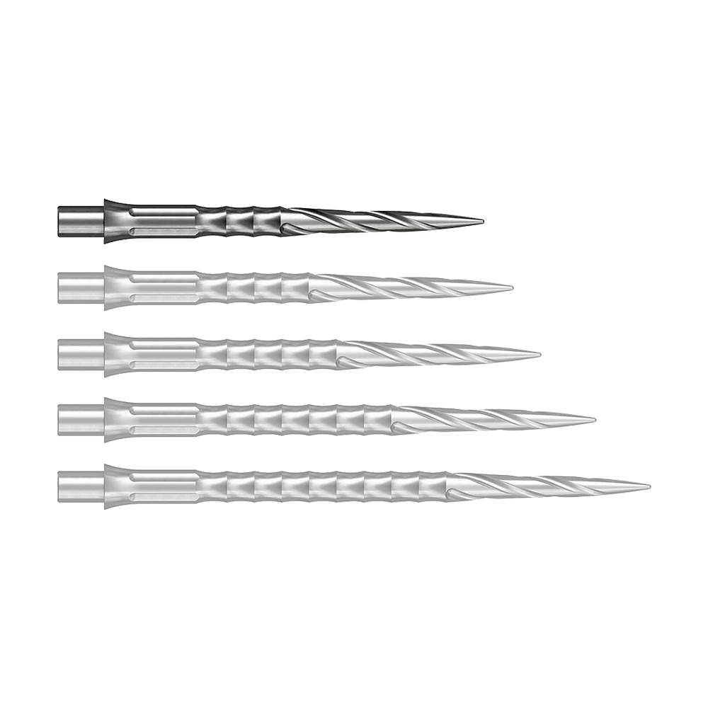 Punte per freccette in acciaio Caliburn System - Spiro - NoLip - argento Das Bild zeigt wahrscheinlich eine 28 mm lange Steeldartspitze aus Silber. Die Spitze ist Teil des Caliburn Evo Systems und trägt die Bezeichnung Spiro NoLip.