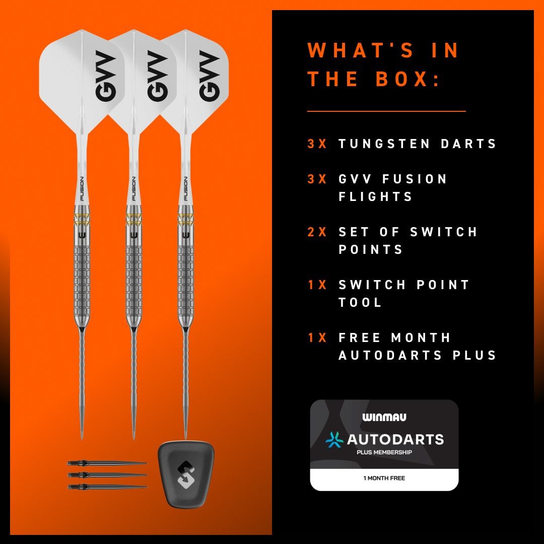 Freccette in acciaio Winmau Gian Van Veen W-MAX Switch Point Die Winmau Gian Van Veen W-MAX Switch Point Steeldarts sind hier von der Seite zu sehen. Die Darts liegen auf einer hellen Oberfläche.