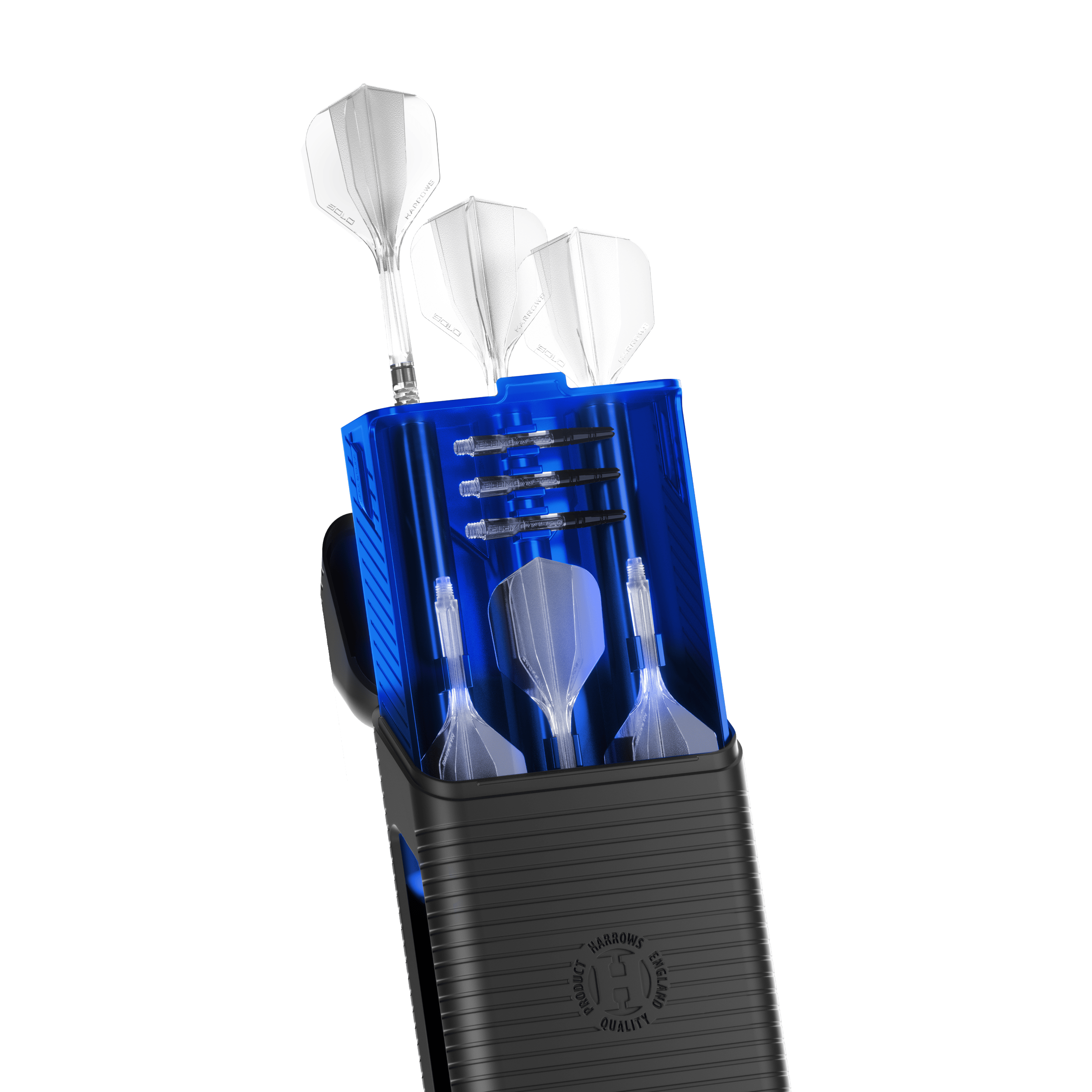 Custodia per freccette Harrows Vault Eine blaue Darttasche namens Harrows Vault ist abgebildet. Die Tasche ist geschlossen und wird von oben gezeigt.