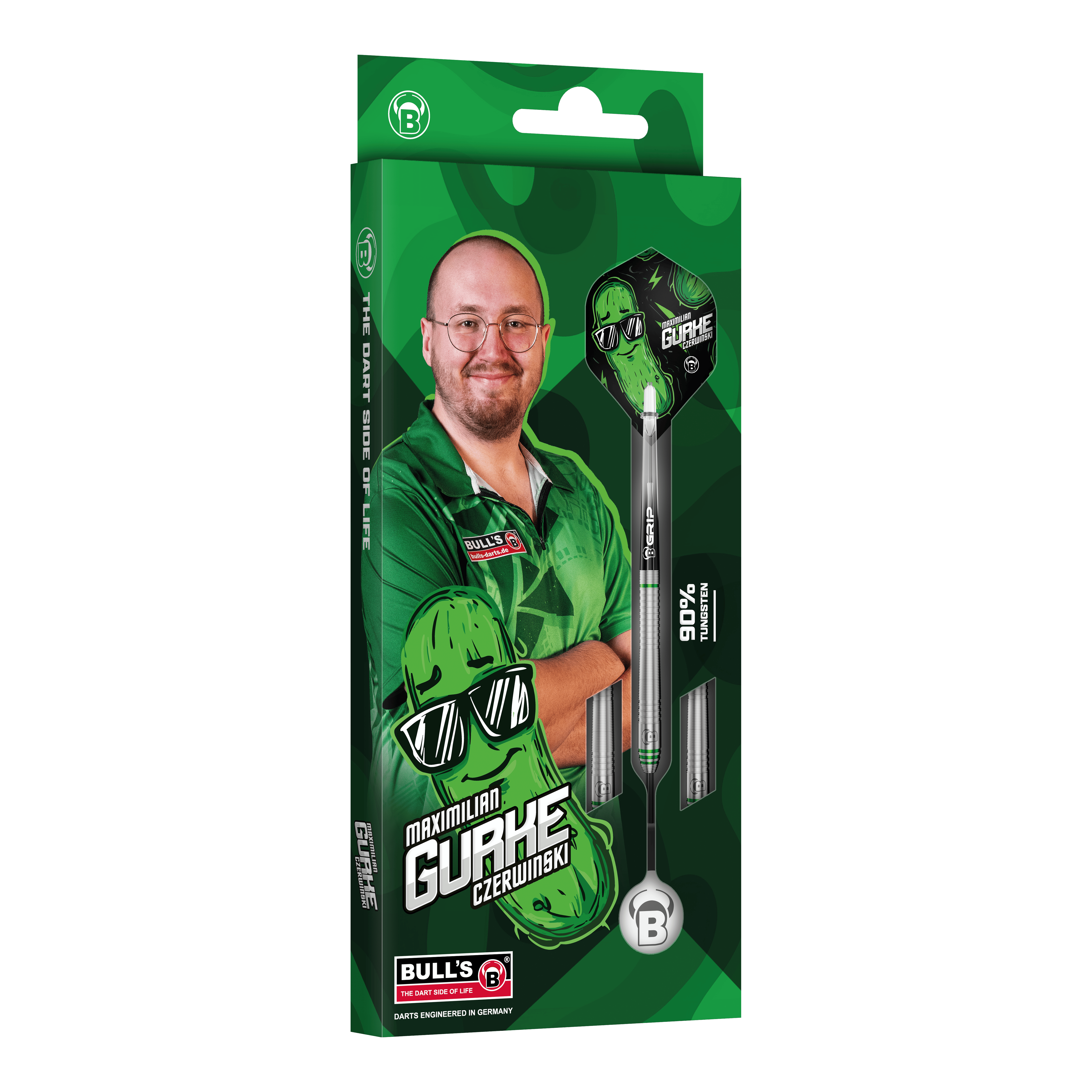 Bulls Max Czerwinski Cucumber Steeldarts - 23 g Bulls Max Czerwinski Gurke Steeldarts mit einem Gewicht von 23 Gramm. Diese Aufnahme zeigt Details des Dartpfeils.