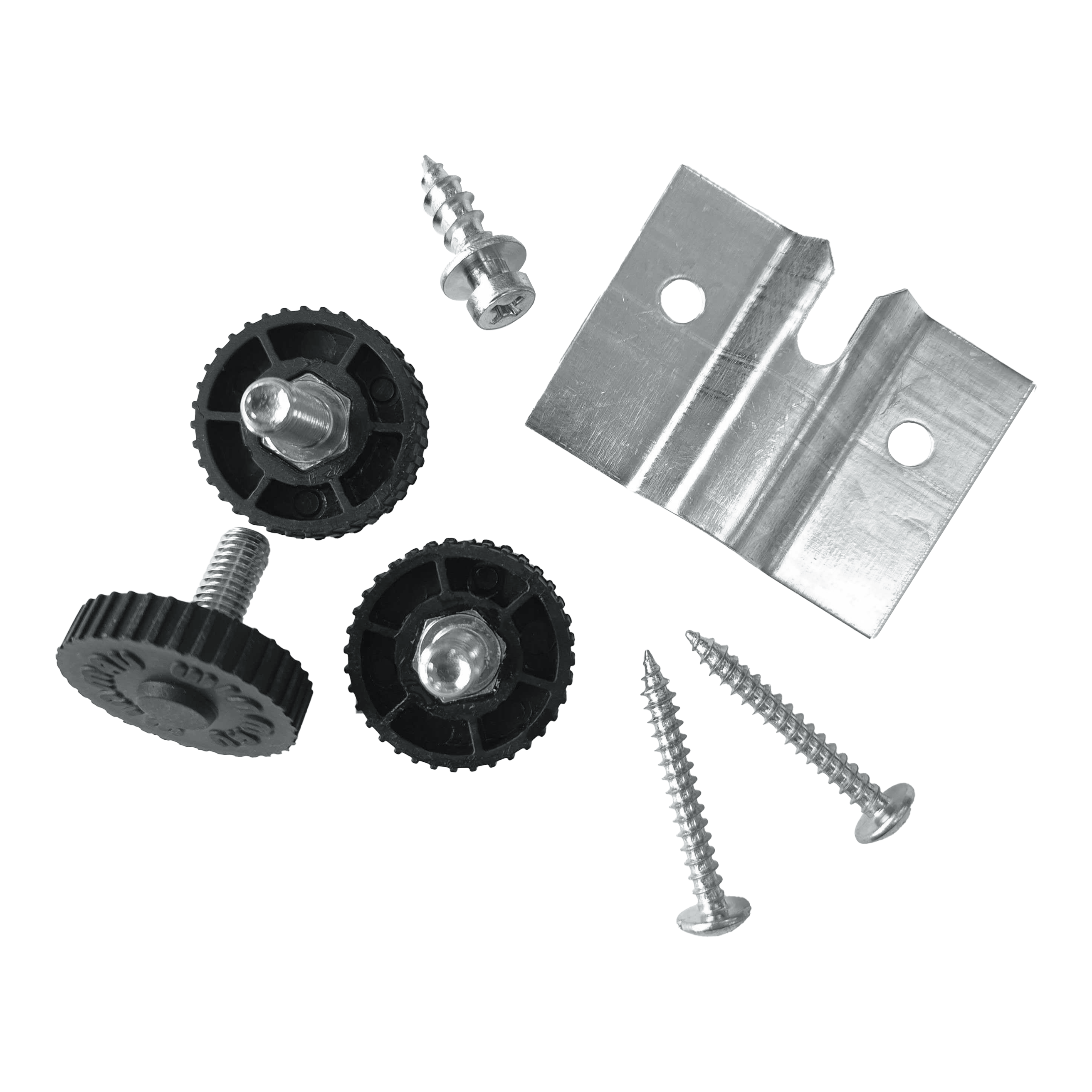Supporto da parete Winmau Rota-Lock Blade 6 Das Bild zeigt das Winmau Rota-Lock Blade 6 Wandhalterungs-Set mit Schrauben, Kunststoffrädern und einer Metallhalterung. Es sind alle benötigten Teile zur Befestigung eines Dartboards an der Wand abgebildet.