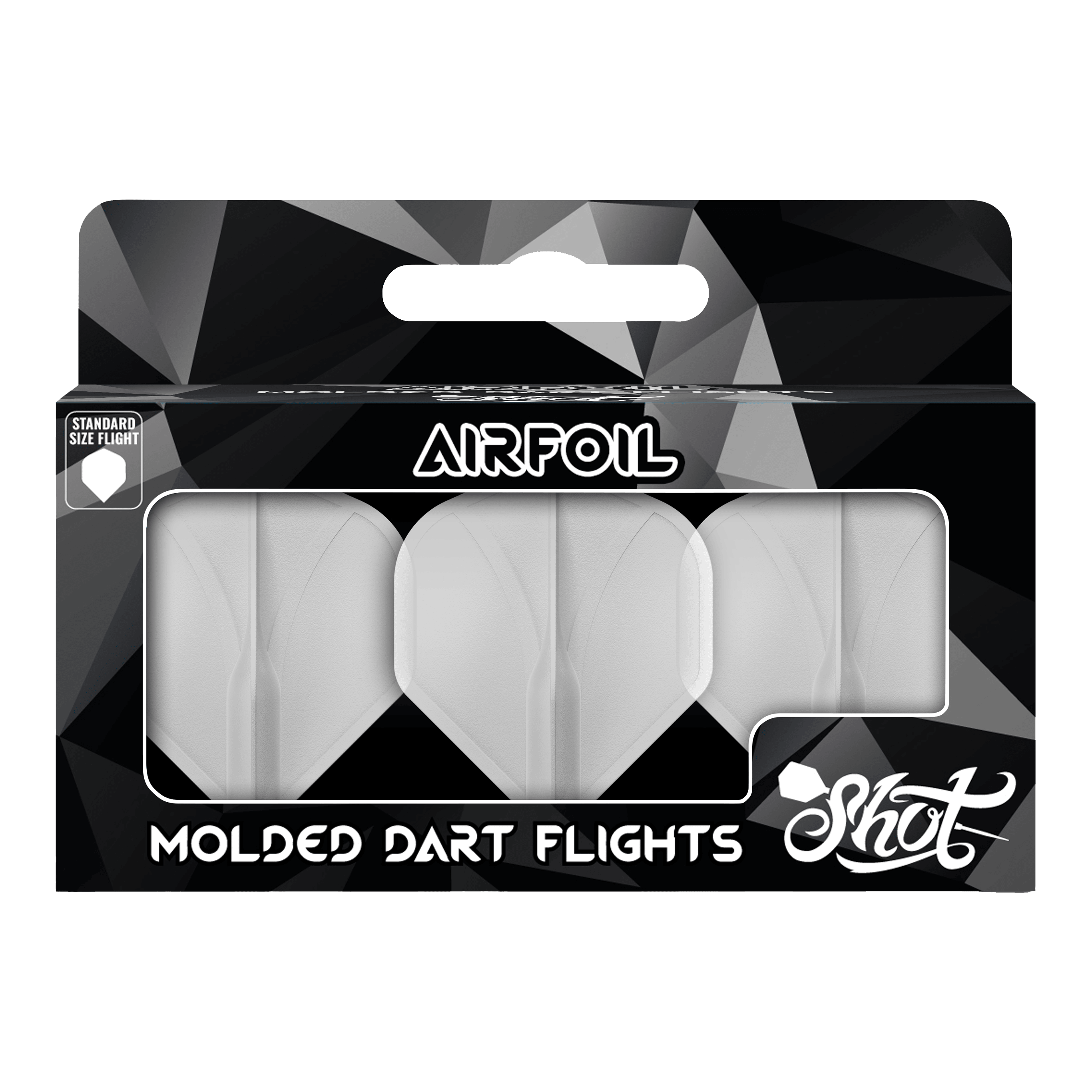 Alette standard n. 2 stampate con profilo alare Shot Auf dem Bild ist eine Packung mit geformten Dart-Flights der Marke Shot zu sehen. Die Flights sind durchsichtig und in einer schwarzen Verpackung mit der Aufschrift "Airfoil" präsentiert.
