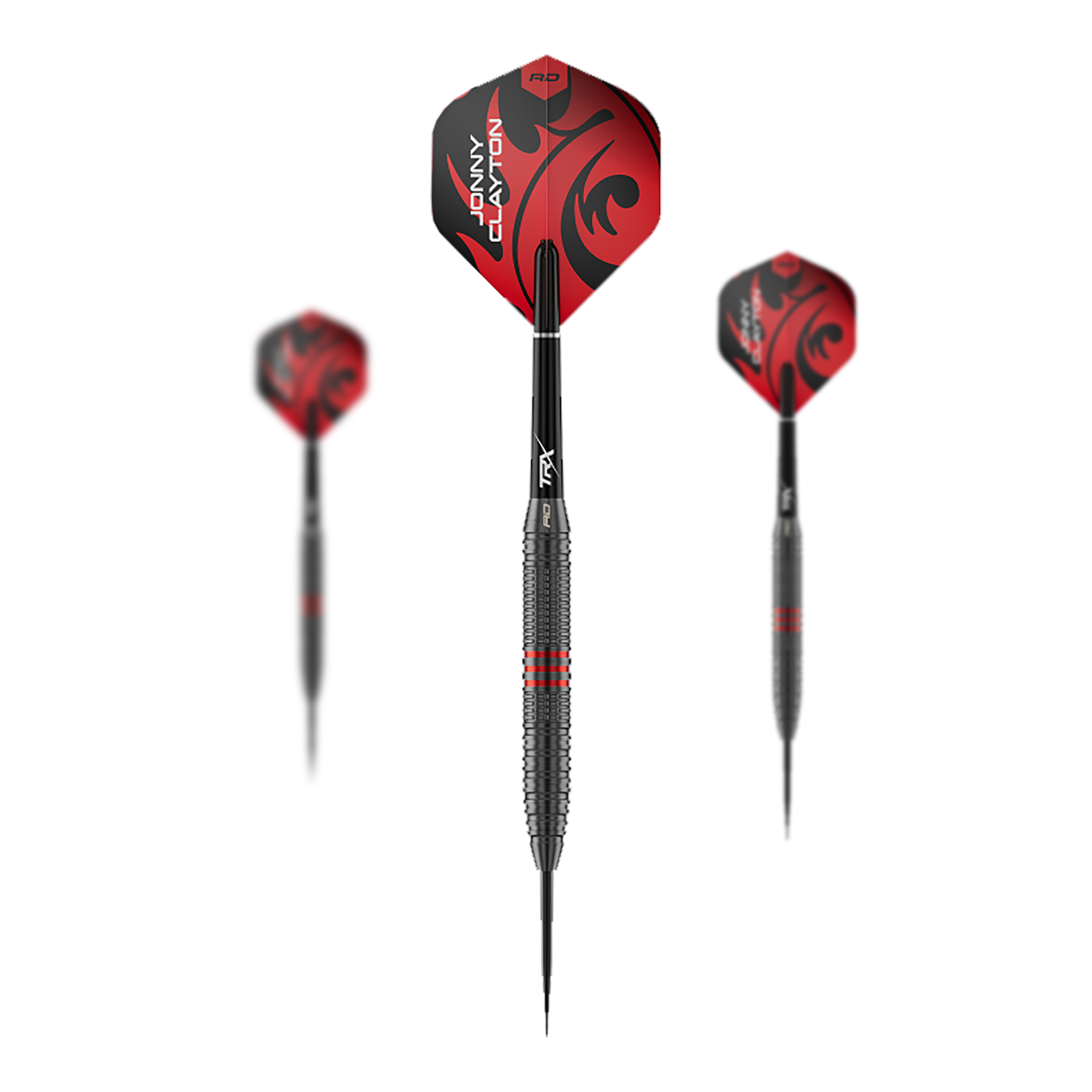 Freccette in acciaio Red Dragon Jonny Clayton Core Brass - 21 g Das Bild zeigt ein Set der Red Dragon Jonny Clayton Core Brass Steeldarts mit 21g Gewicht. Es sind drei Darts mit goldener Griffzone und roten Flights dargestellt.