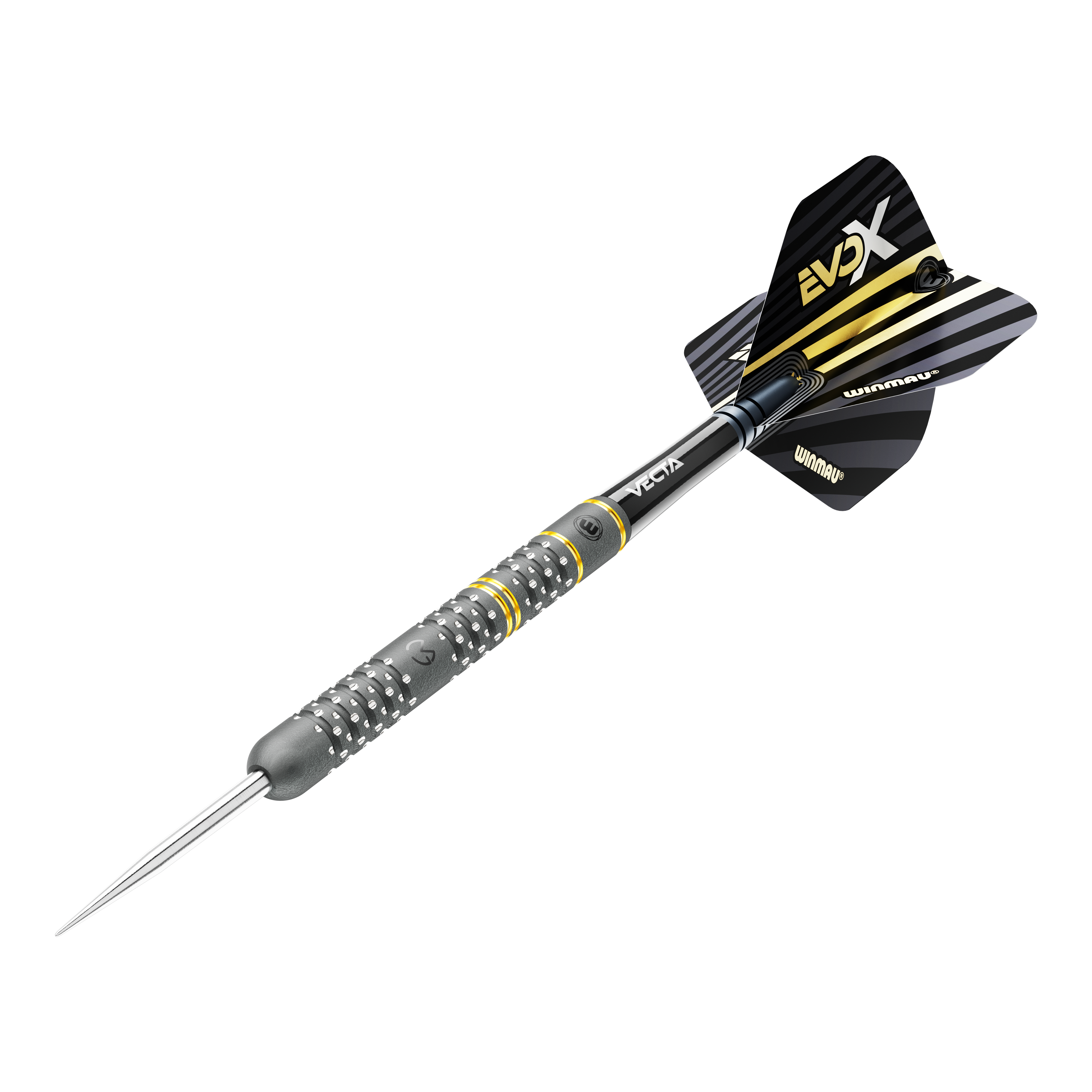 Freccette in acciaio Winmau Michael Van Gerwen Evo-X Das Bild zeigt einen Winmau Michael Van Gerwen Evo-X Steeldart. Der Dart hat ein schwarzes und gelbes Design mit metallischer Spitze und strukturierter Griffzone.