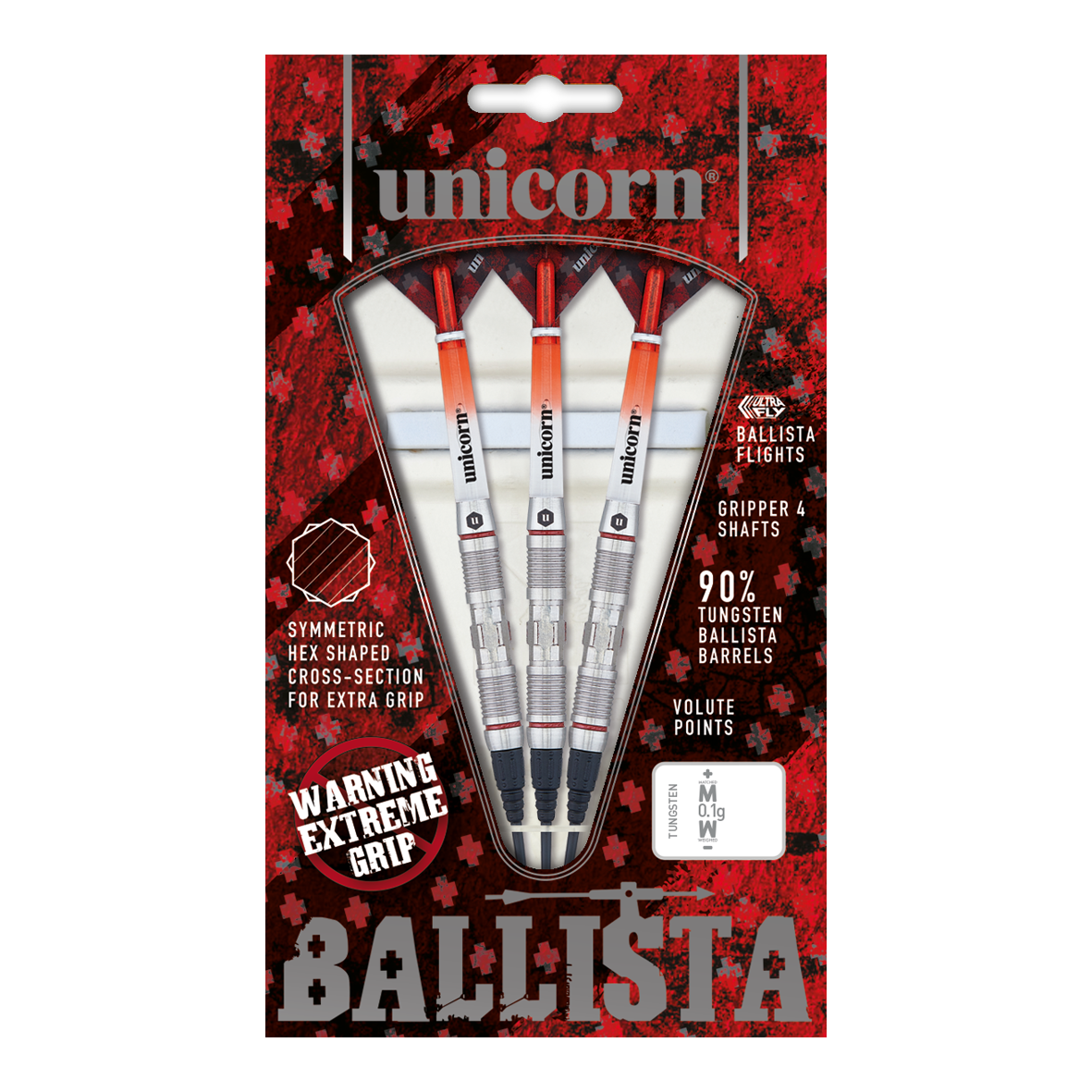 Unicorn Ballista Style 2 freccette morbide Das Bild zeigt eine Packung „Unicorn Ballista Style 2 Softdarts“. In der Packung befinden sich drei Softdarts mit silbernen und orangenen Details.