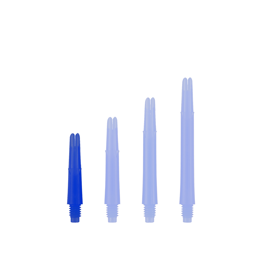 Alberi a L bloccati dritti - Blu Auf dem Bild sind vier blaue, gerade Dartschäfte in unterschiedlichen Längen zu sehen. Sie stehen nebeneinander auf weißem Hintergrund.