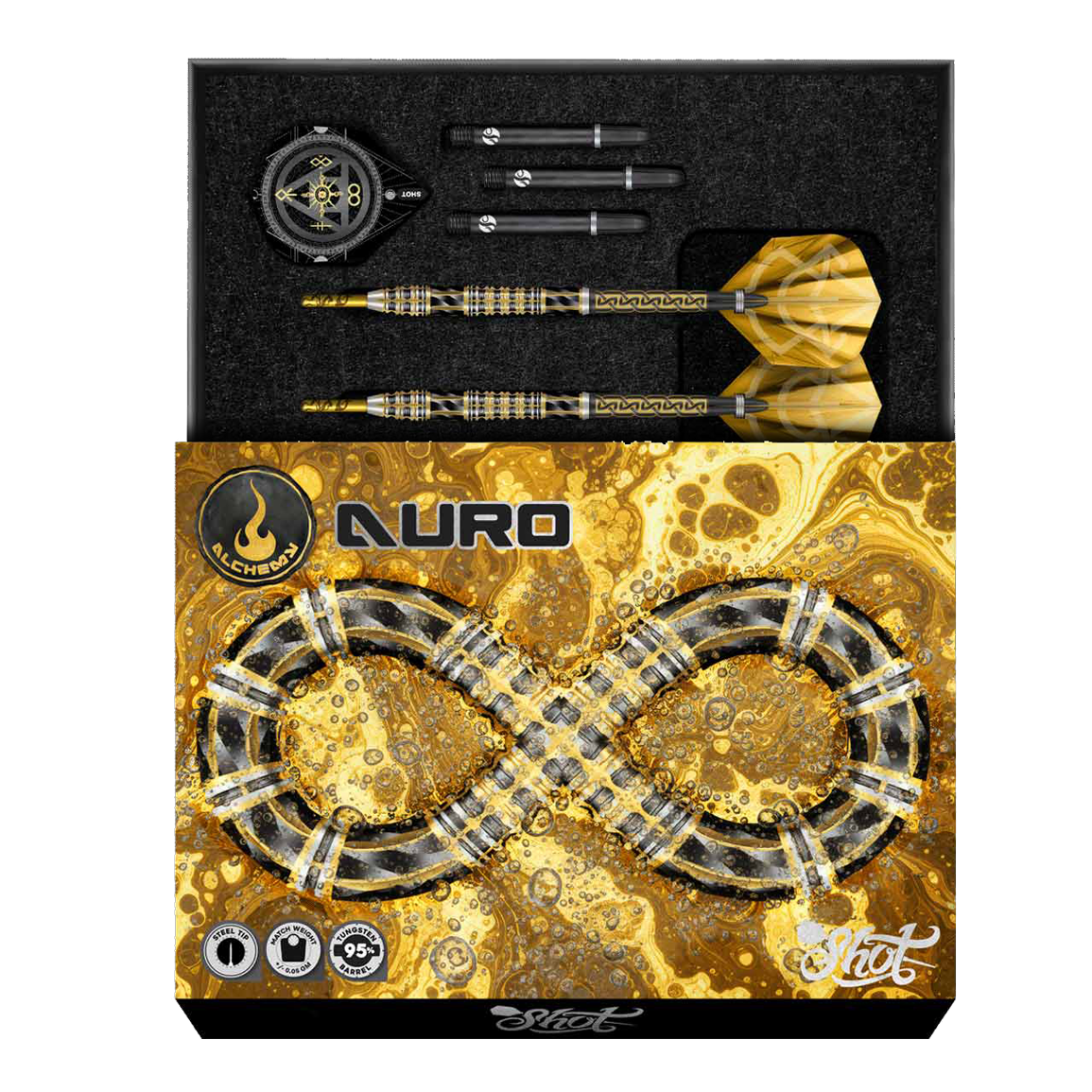 Freccette morbide Shot Alchemy Auro - 20 g Hier sieht man die Shot Alchemy Auro Softdarts mit 20g Gewicht. Es handelt sich um hochwertige Softdarts für präzises Spielen.