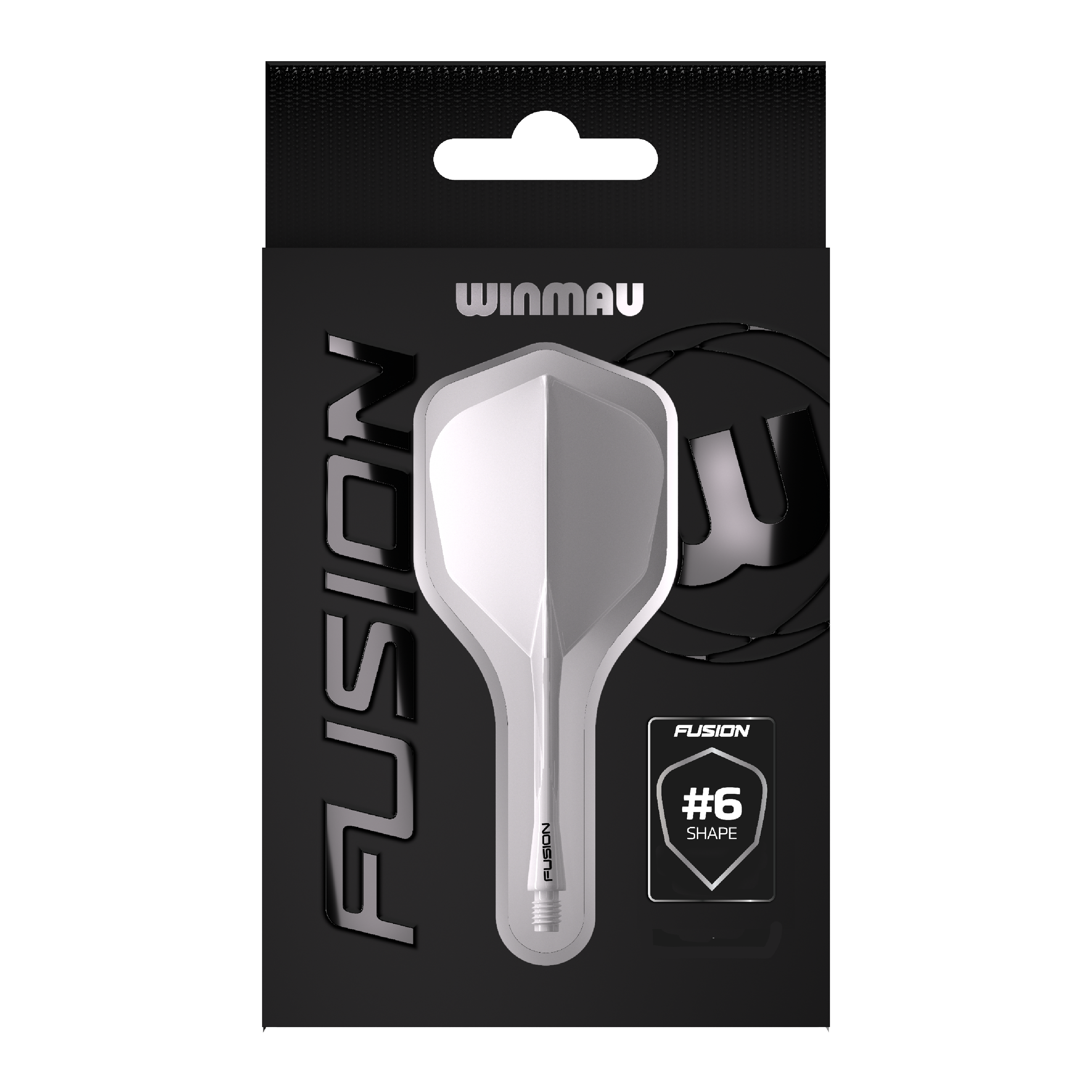 Sistema di alberi di volo a fusione Winmau n. 6 trasparente Das Bild zeigt die Verpackung des Produkts "Winmau Fusion Flight-Shaft-System No6 Clear". In der Mitte ist das transparente Flight-Shaft-System im #6-Shape deutlich zu sehen.
