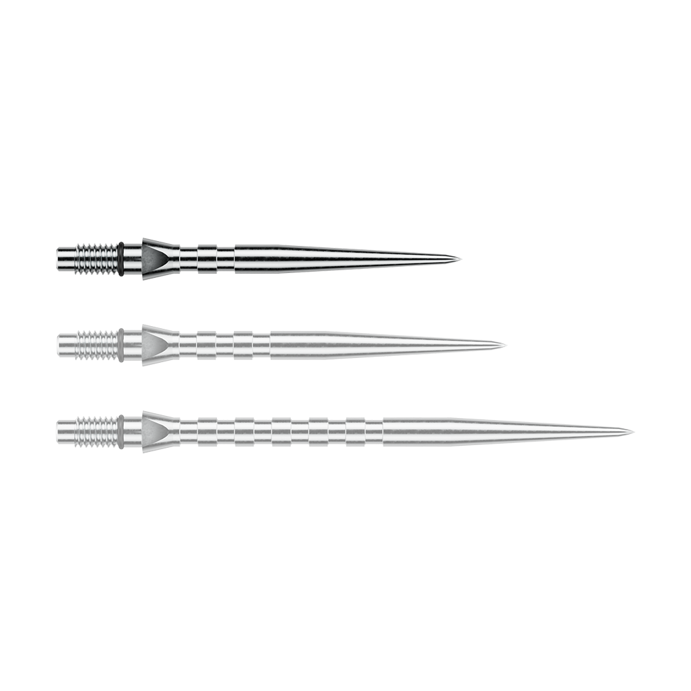 Punte per freccette in acciaio Winmau Switch Point Groove - Effetto argento Abgebildet ist eine einzelne silberne Steeldartspitze mit Rillen, vermutlich vom Typ 'Switch Point Groove Silver Effect' und 26mm. Diese Spitze eignet sich für Steeldarts.