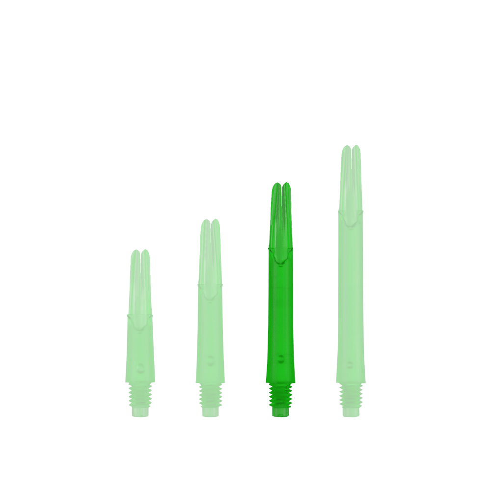 Alberi a L bloccati dritti - Verde Auf dem Bild sind vier grüne, gerade Dartschäfte in unterschiedlichen Längen zu sehen. Sie stehen nebeneinander und sind ohne Kappen dargestellt.