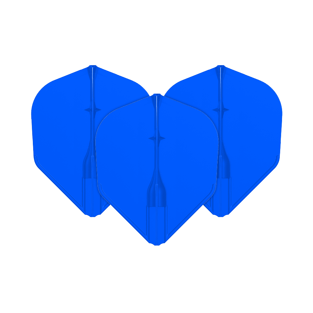 Voli L-L-Style3EZ Das Bild zeigt drei blaue Dartflights, die nebeneinander angeordnet sind. Sie haben eine klassische, leicht abgerundete Form.