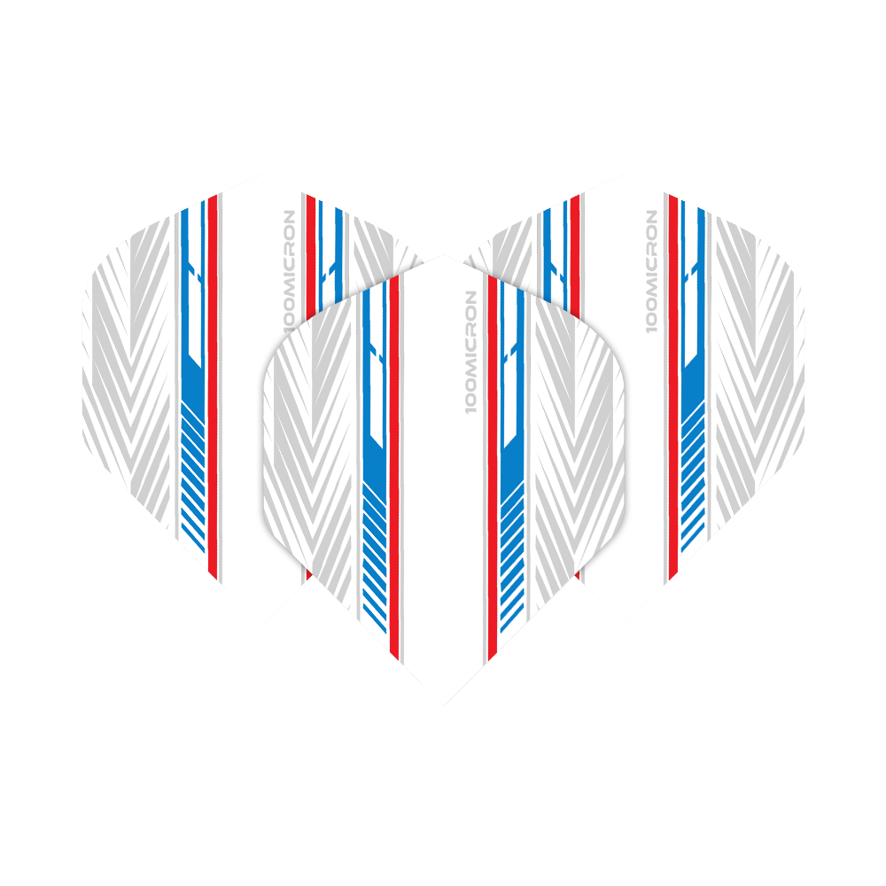 Voli Pentathlon bianchi/blu/rossi Das Bild zeigt die Pentathlon White Blue Red No2 Standard Flights. Sie haben ein weißes Design mit blauen und roten Streifen sowie grauen Mustern.