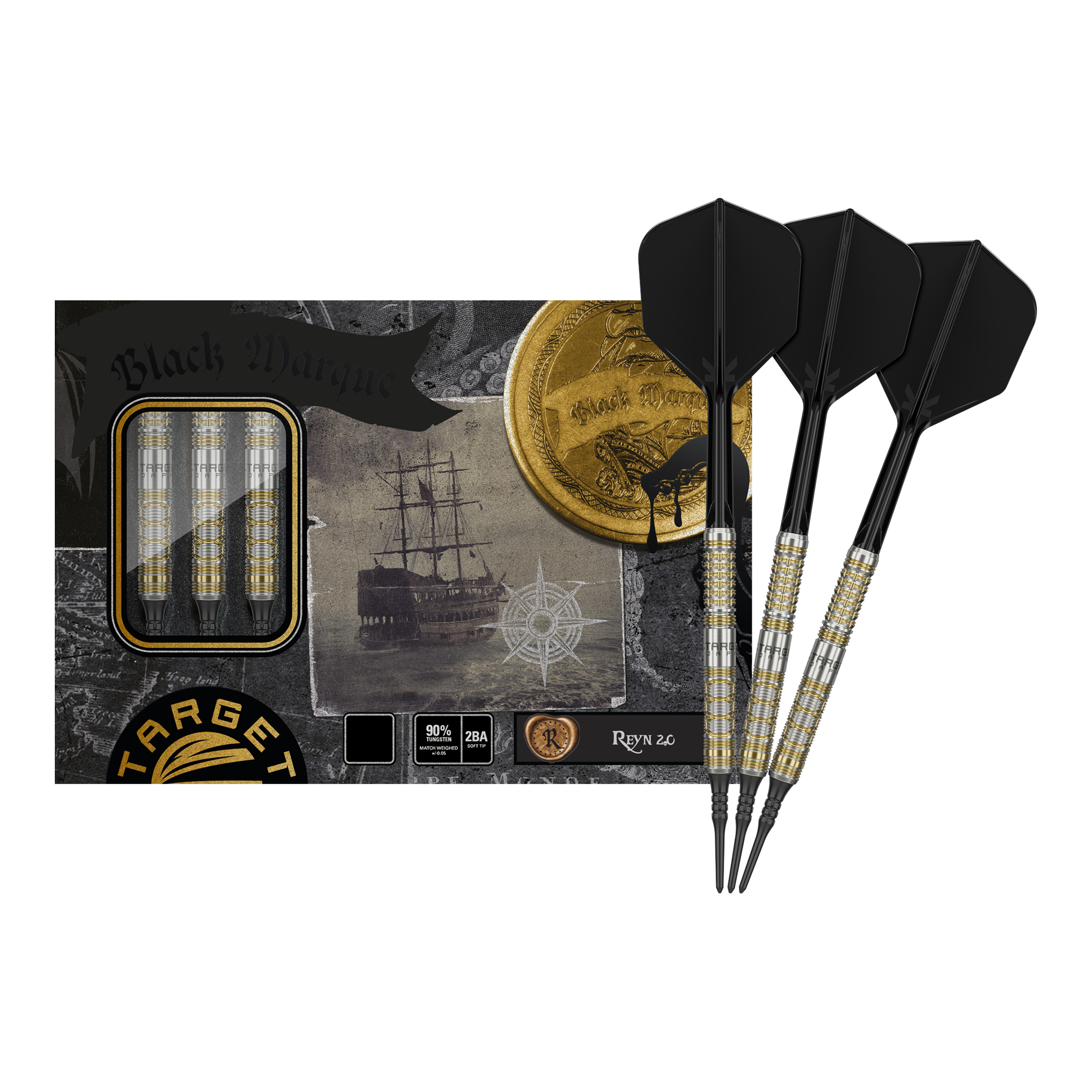 Target Japan Black Marque Reyn GEN2 Freccette morbide - 17,5 g Das Bild zeigt das Produkt "Target Japan Black Marque Reyn GEN2 Softdarts - 17,5g" mit drei eleganten, schwarz-goldenen Softdarts vor der Verpackung. Auf der Verpackung ist zudem ein Schiff sowie eine goldene Münze abgebildet.