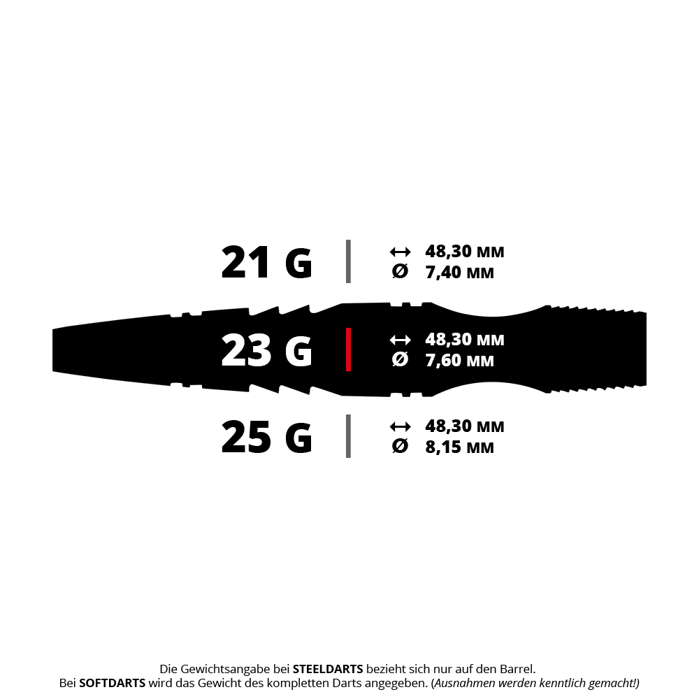 Das Bild zeigt drei verschiedene Steeldarts-Modelle mit den Gewichten 21 g, 23 g und 25 g. Dazu werden jeweils die Länge von 48,30 mm und die unterschiedlichen Durchmesser angezeigt.