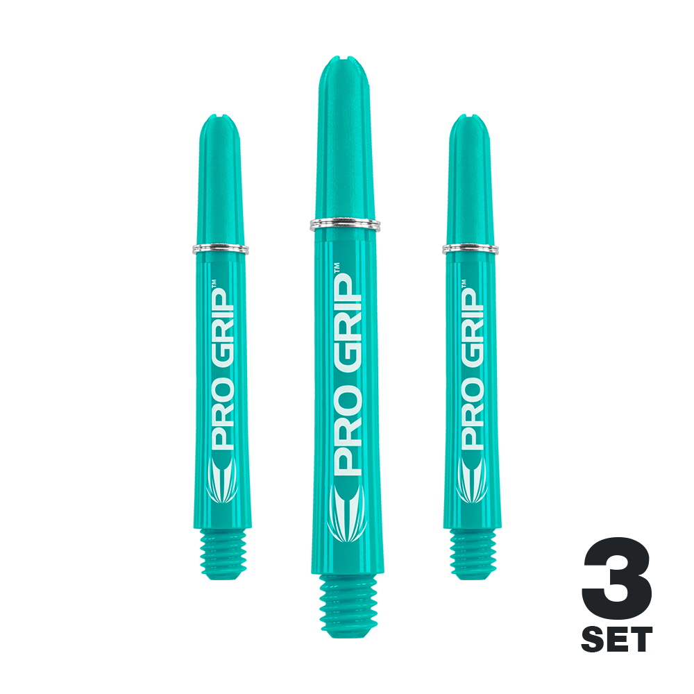 Target Pro Grip Shafts - 3 set - Aqua Das Bild zeigt drei türkisfarbene PRO GRIP Shafts für Dartpfeile. Unten rechts steht "3 SET" in schwarzer Schrift.
