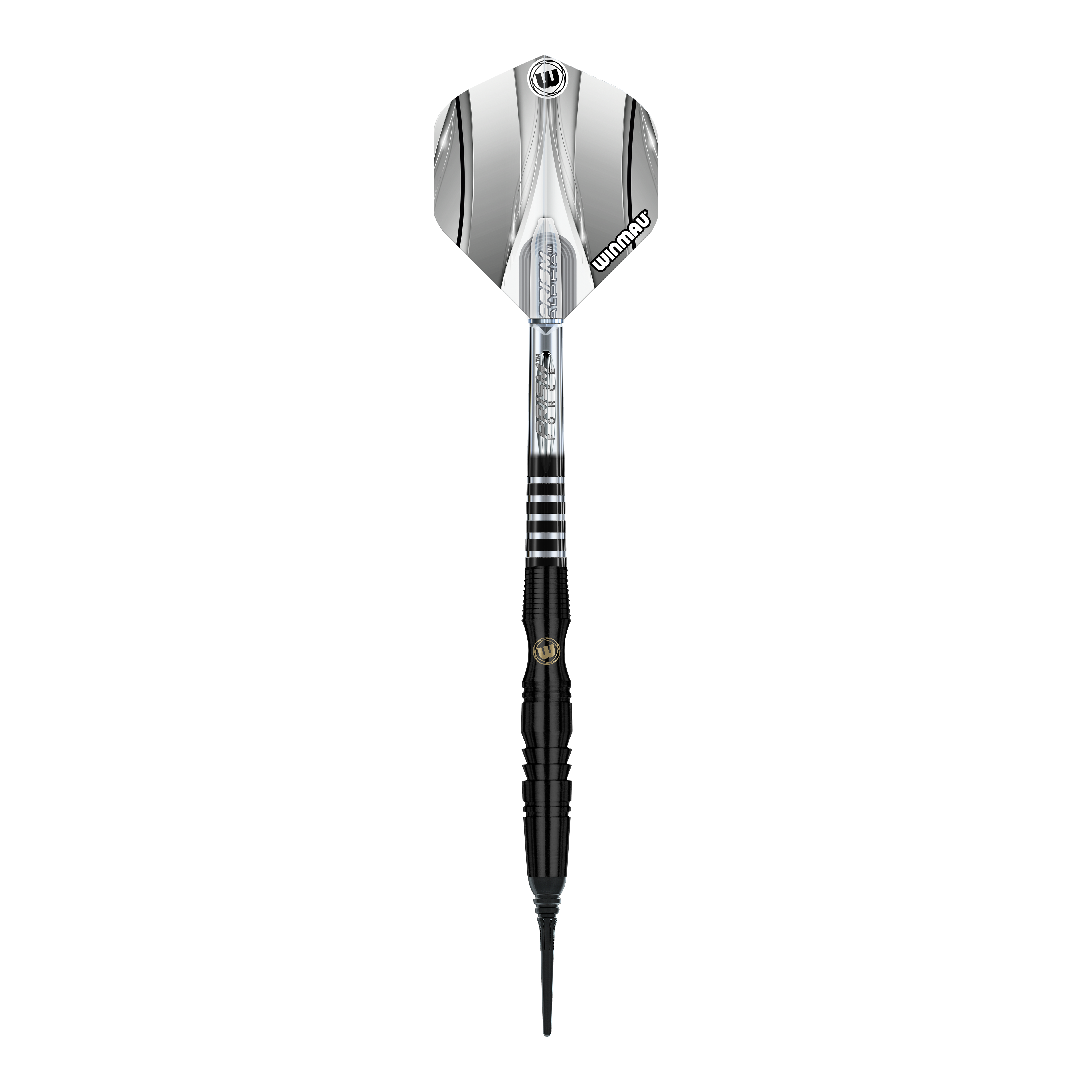 Freccette morbide Winmau Sniper Black - 20 g Das Bild zeigt einen Winmau Sniper Black Softdart mit einem Gewicht von 20 Gramm. Der Dart ist überwiegend schwarz mit silbernen Akzenten und besitzt eine schwarze Softspitze.