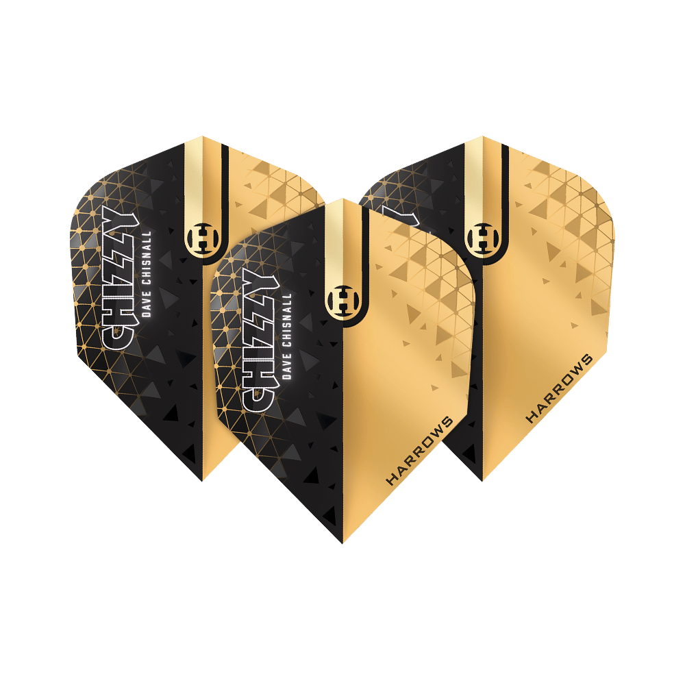 Harrows Prime Dave Chisnall Chizzy 2 n. 6 voli Das Bild zeigt die Harrows Prime Dave Chisnall Chizzy 2 No6 Flights. Die Flights sind in Schwarz und Gold gestaltet und tragen die Aufschrift "CHIZZY DAVE CHISNALL" sowie "HARROWS".