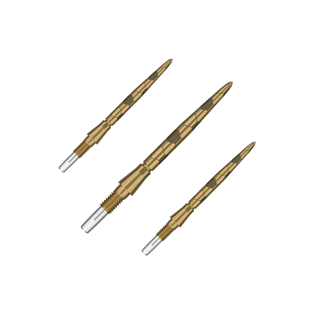 Punte per freccette Target Swiss Storm Onyx Point - Oro Auf dem Bild sind drei goldfarbene Dartspitzen mit einem strukturierten Muster zu sehen. Sie haben ein silbernes Schraubgewinde am Ende zum Befestigen an Dartpfeilen.